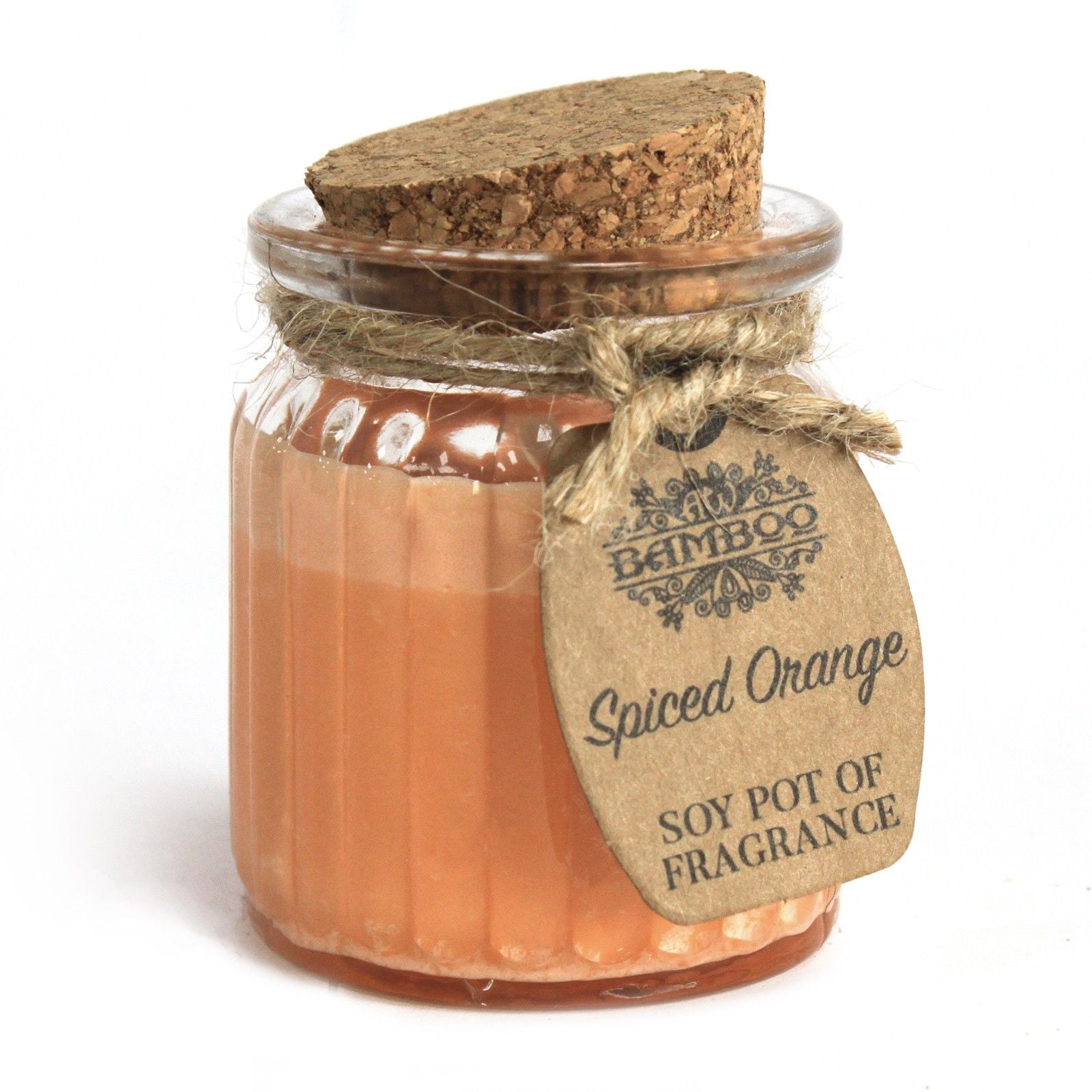 A small glass jelly jar filled with orange-colored wax, sealed with a cork lid and a rustic twine-tied label.