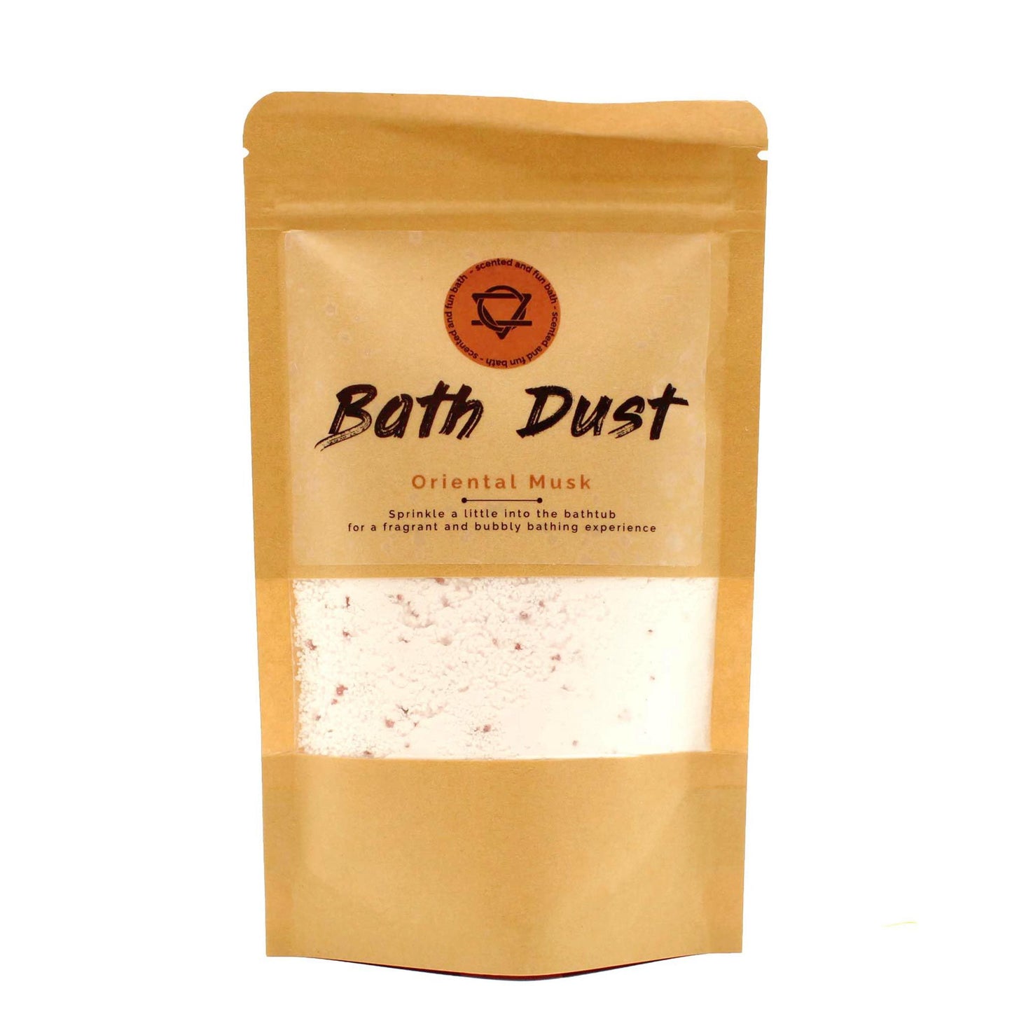 A 190g eco-friendly paper pouch containing cream-colored fizzy bath dust with an oriental musk fragrance.