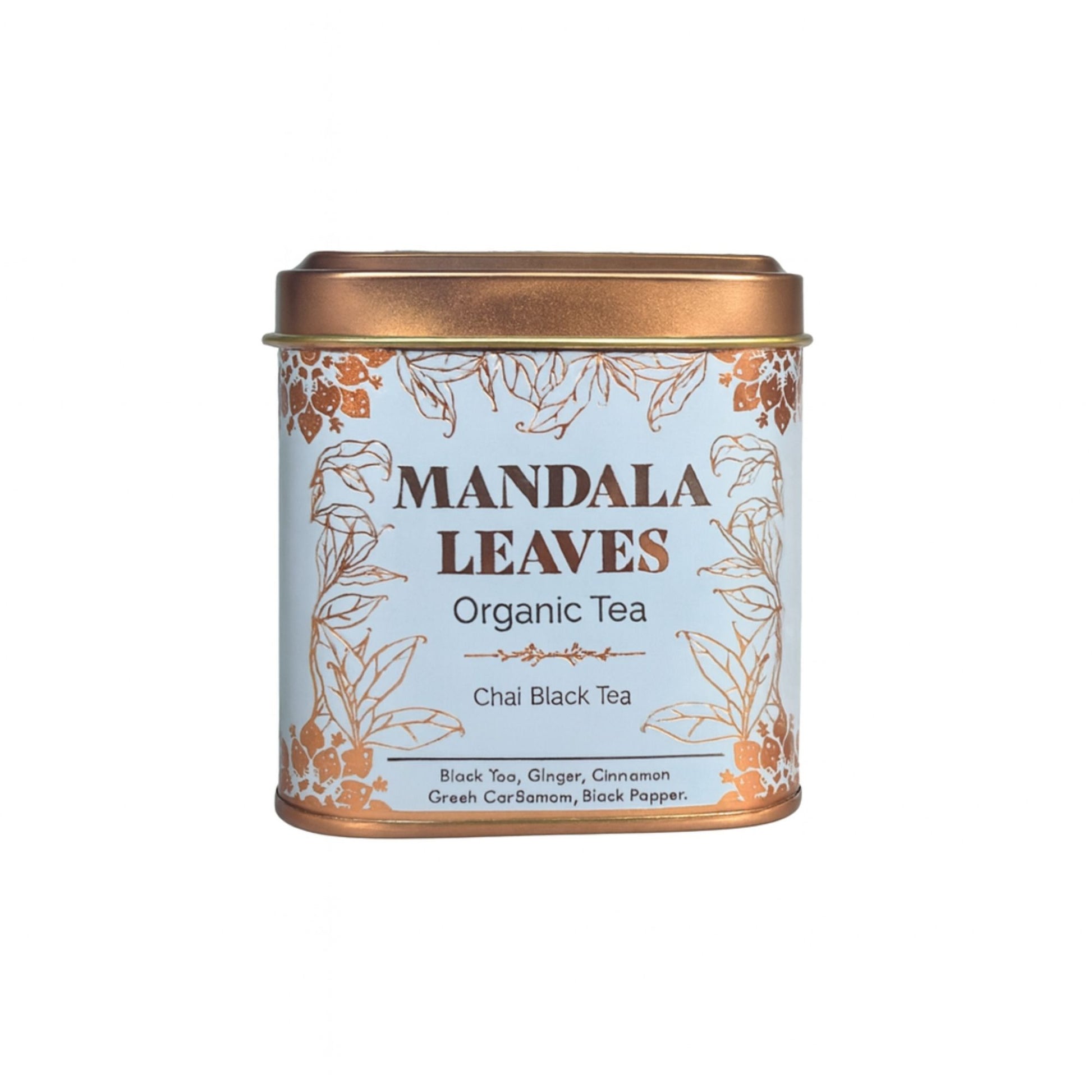 A small blue-labeled tea tin featuring premium organic black tea leaves blended with aromatic whole spices.