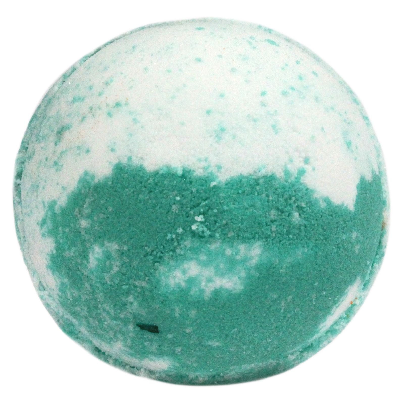 A large, sphere-shaped bath bomb featuring a marbled swirl of deep teal and white colors.