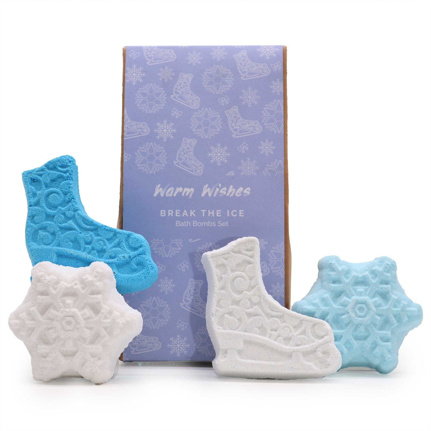 A snowy blue and white gift box containing four festive bath fizzers shaped like stars and holiday icons.