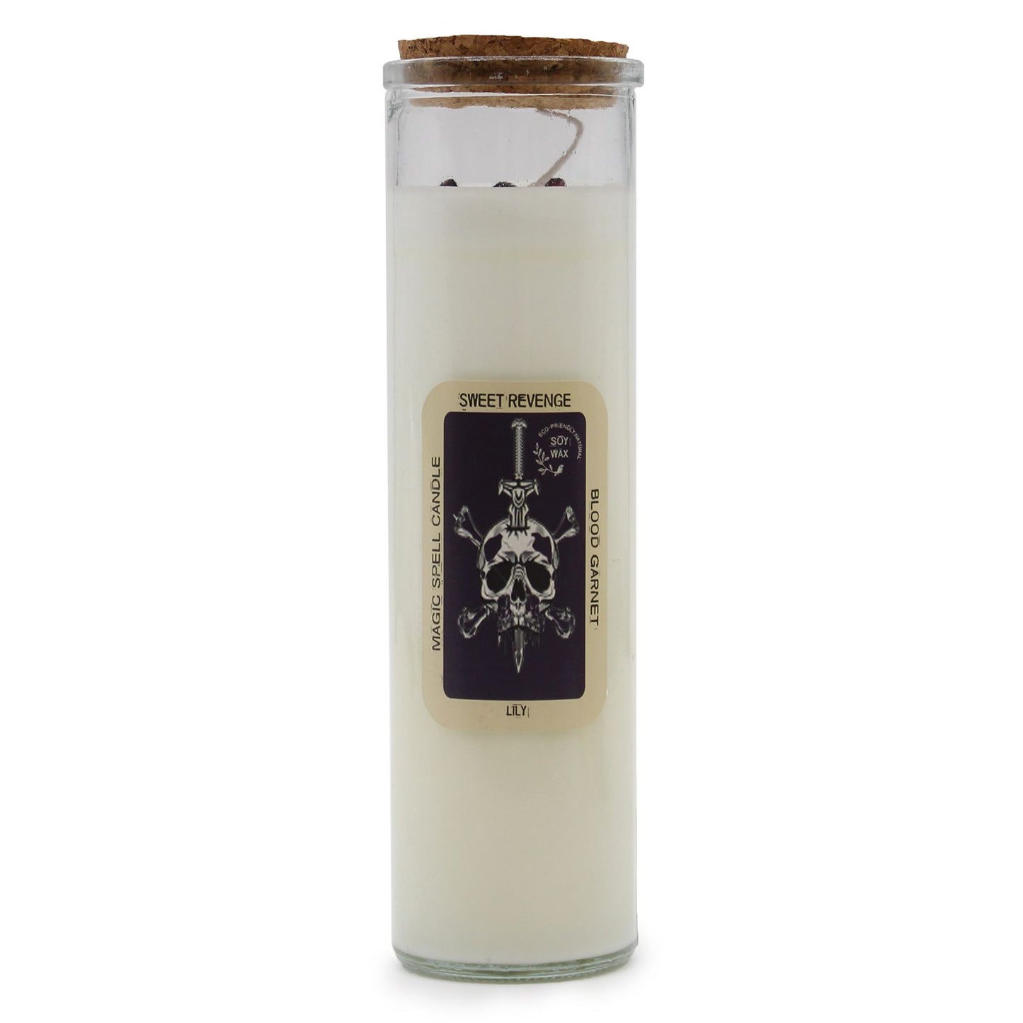 A tall decorative pillar candle labeled "Sweet Revenge" with dark, intricate mystical artwork on the paper wrapping.