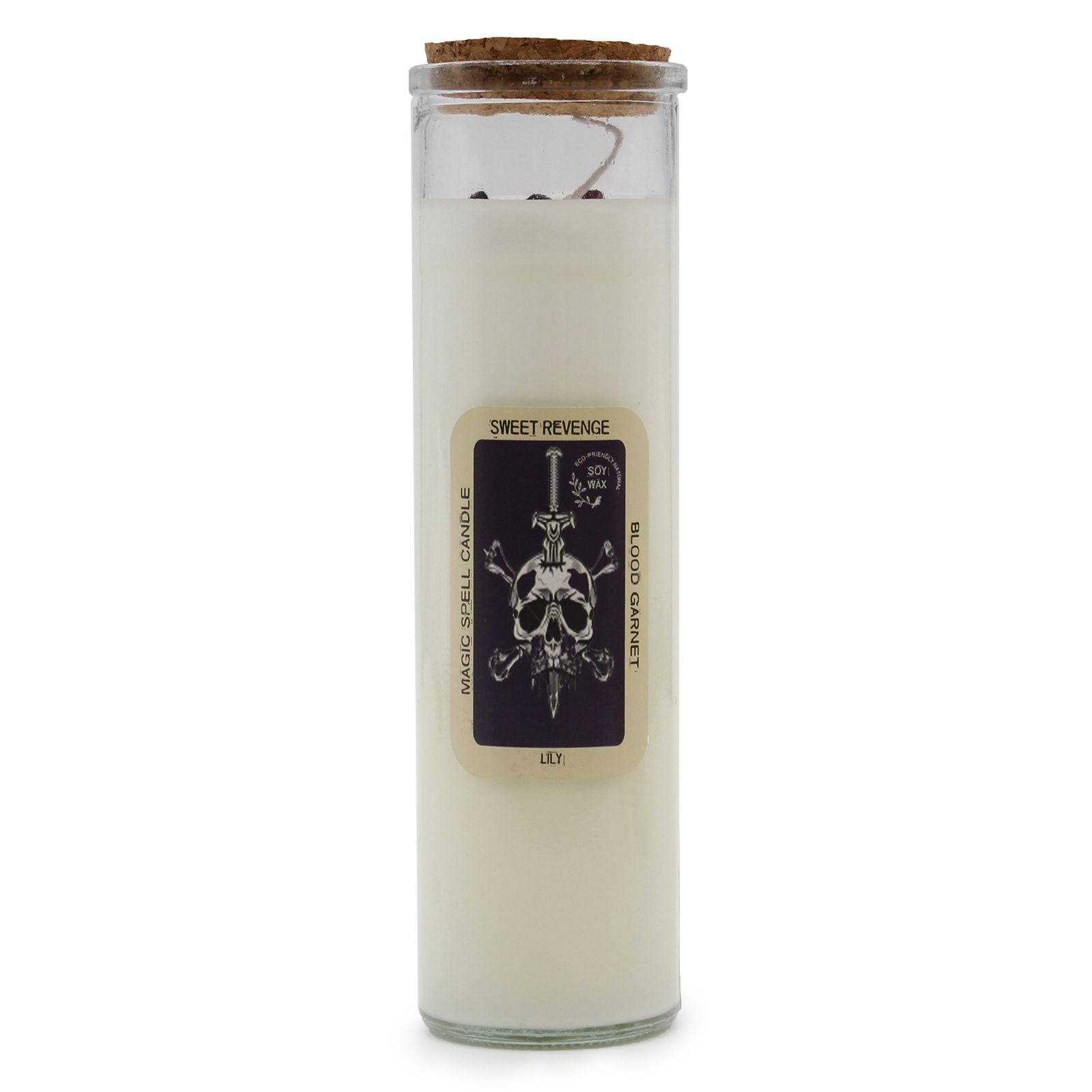 A tall decorative pillar candle labeled "Sweet Revenge" with dark, intricate mystical artwork on the paper wrapping.