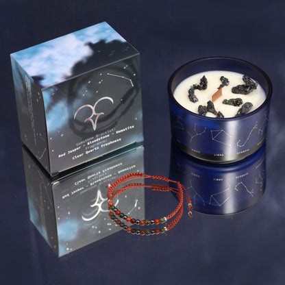 A dark-labeled Aries zodiac candle tin featuring fiery constellation art and a surprise gemstone jewelry item.
