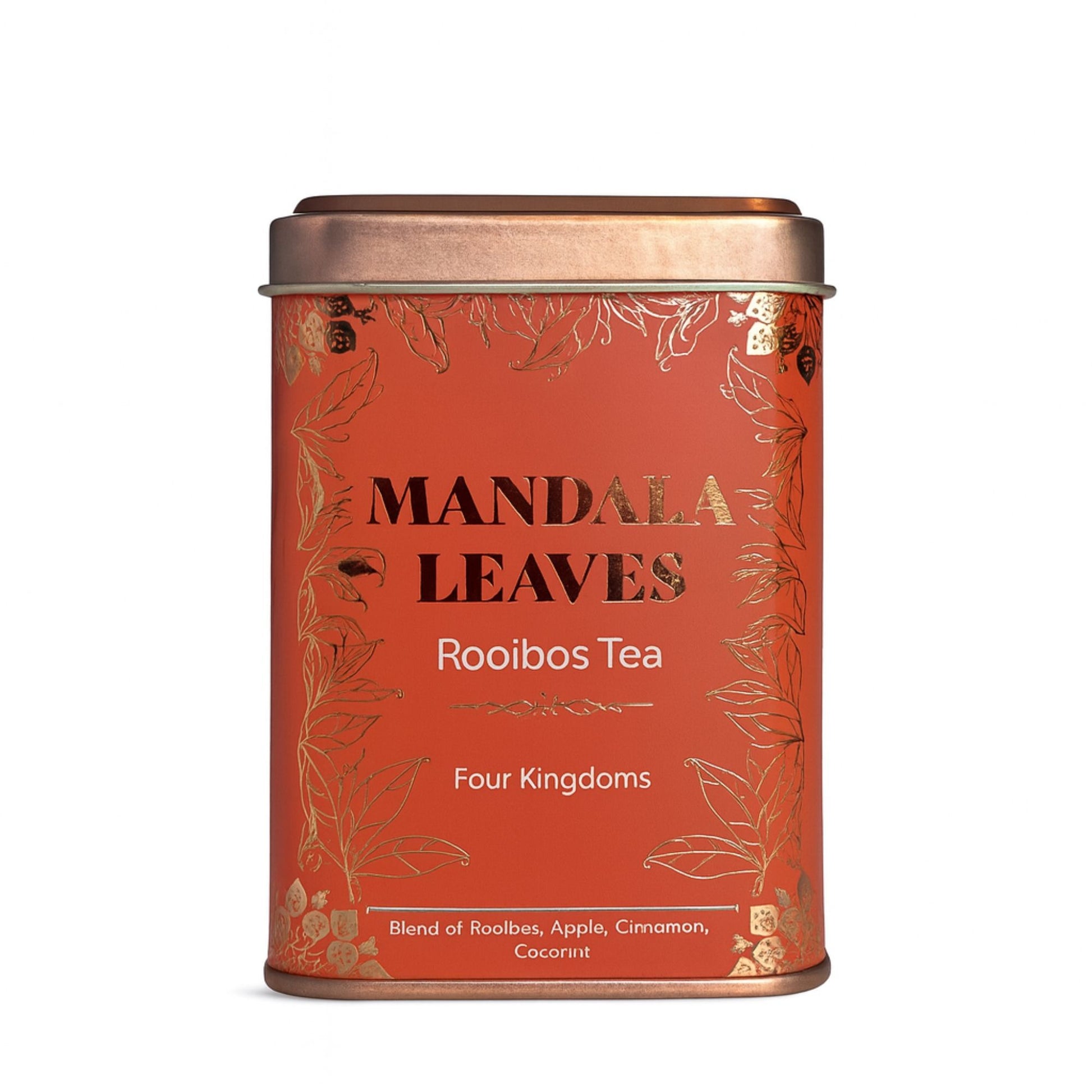 A rustic orange-labeled tea tin containing a diverse mixture of global botanicals and dried herbal ingredients.