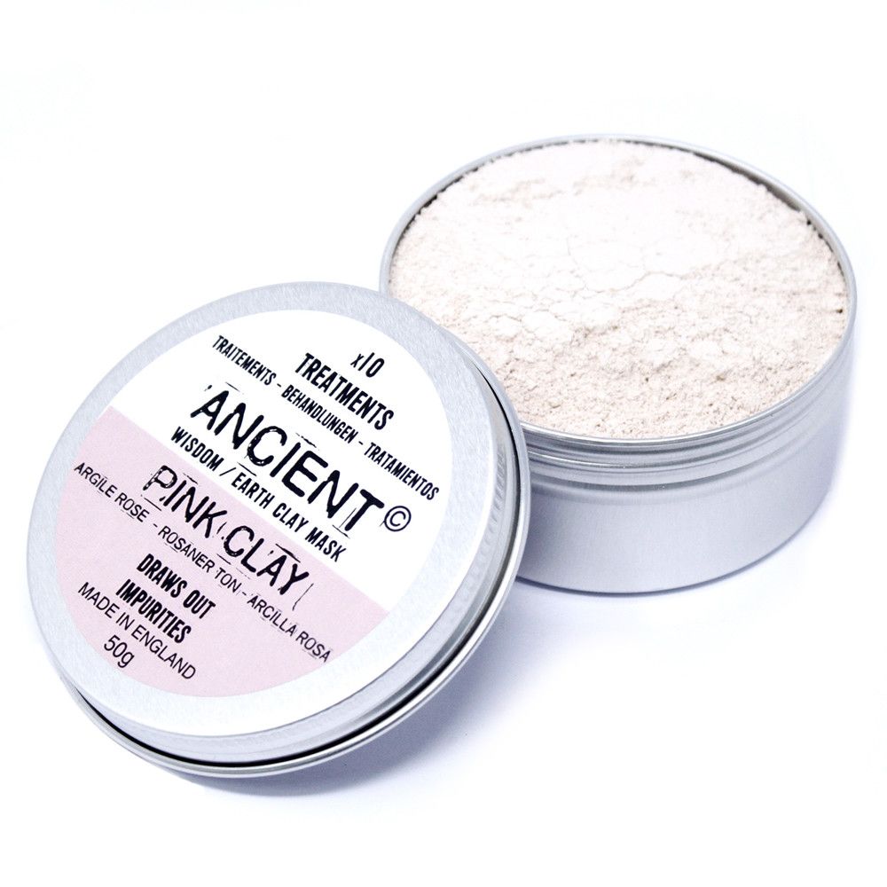 A metal tin containing 75g of fine pink clay powder for natural, gentle facial treatments.
