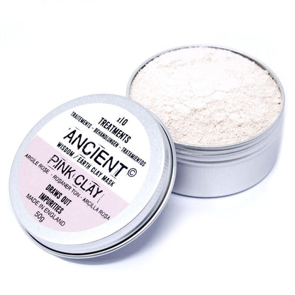 A metal tin containing 75g of fine pink clay powder for natural, gentle facial treatments.