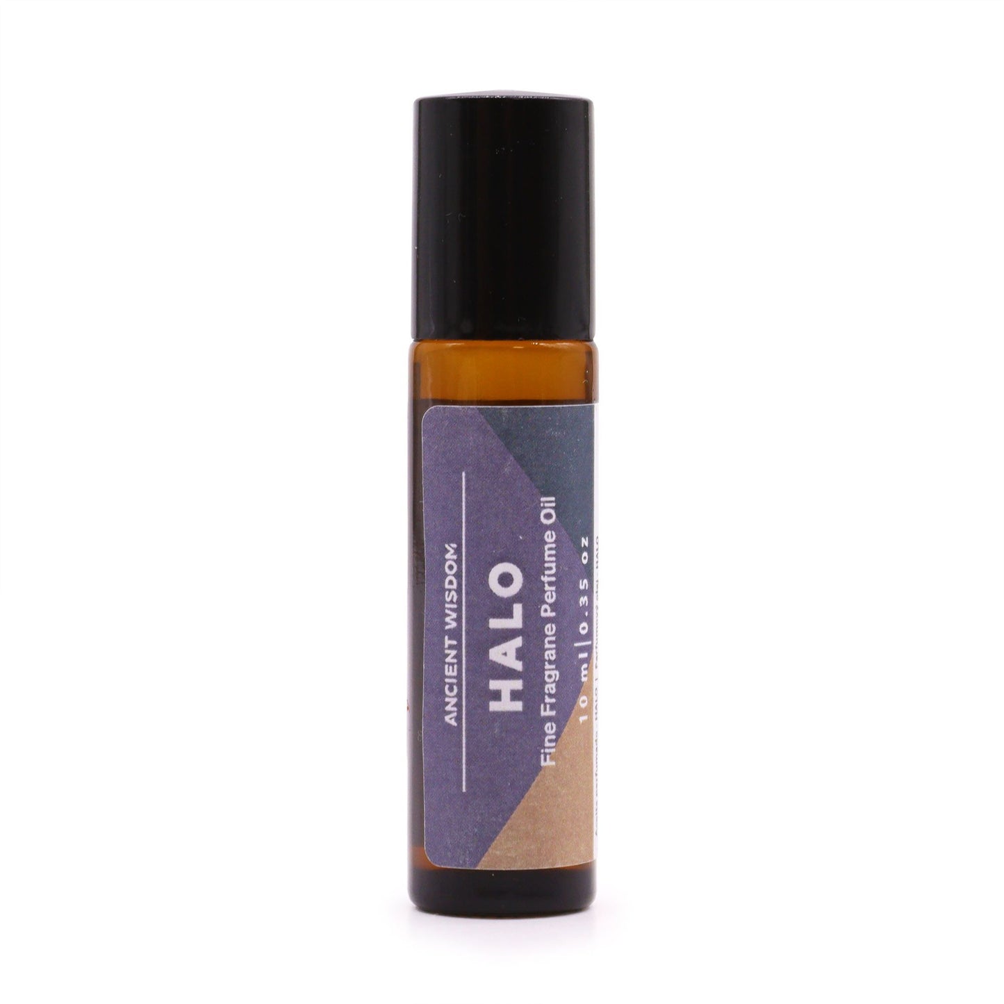 A 10ml glass rollerball bottle of Halo perfume oil featuring a purple and gold luxury label.