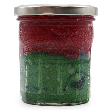 A large 300g jar of dual-layered green and red sugar body scrub with a sweet watermelon cocktail scent.