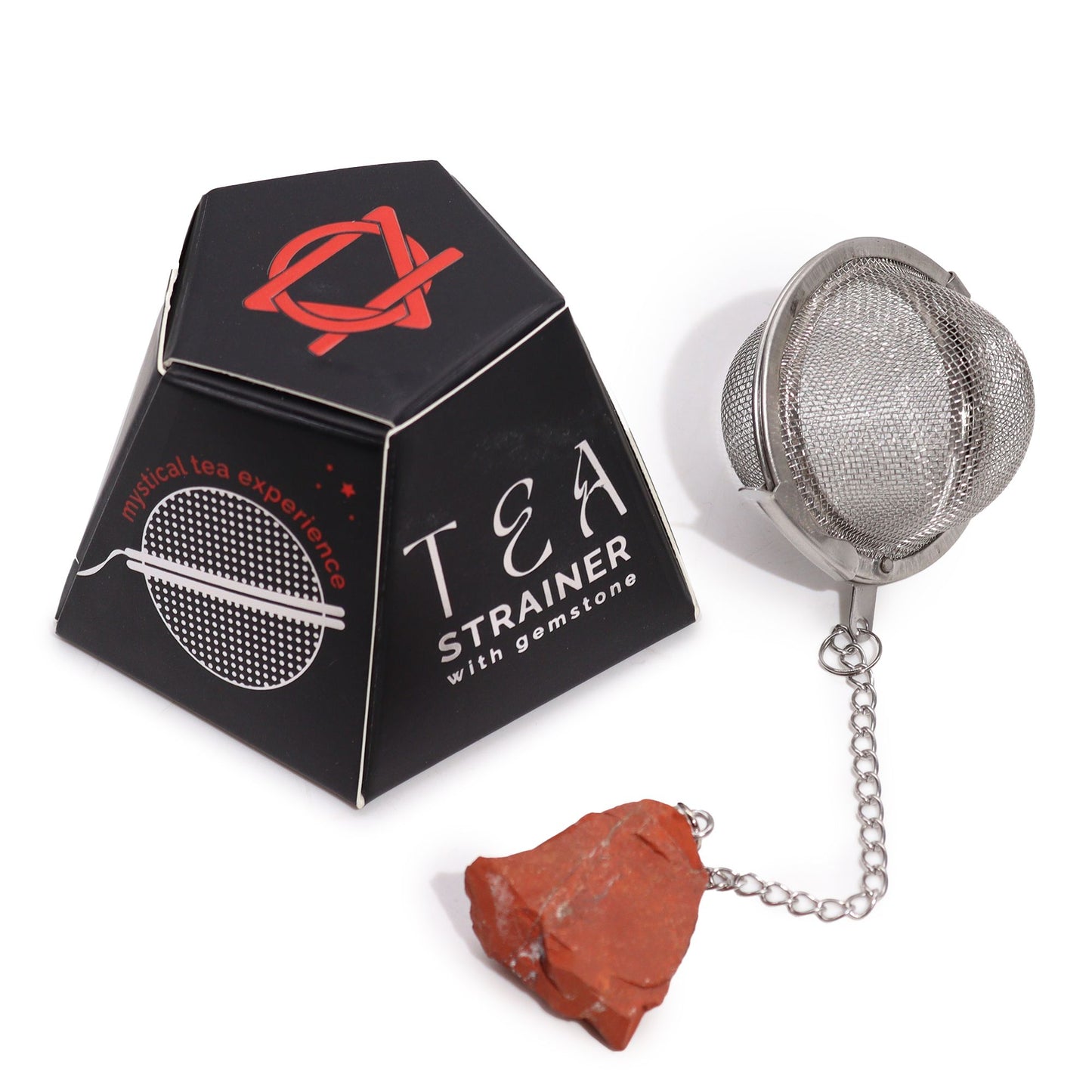 Silver stainless steel tea infuser ball on a chain with a raw red Jasper gemstone charm attached.
