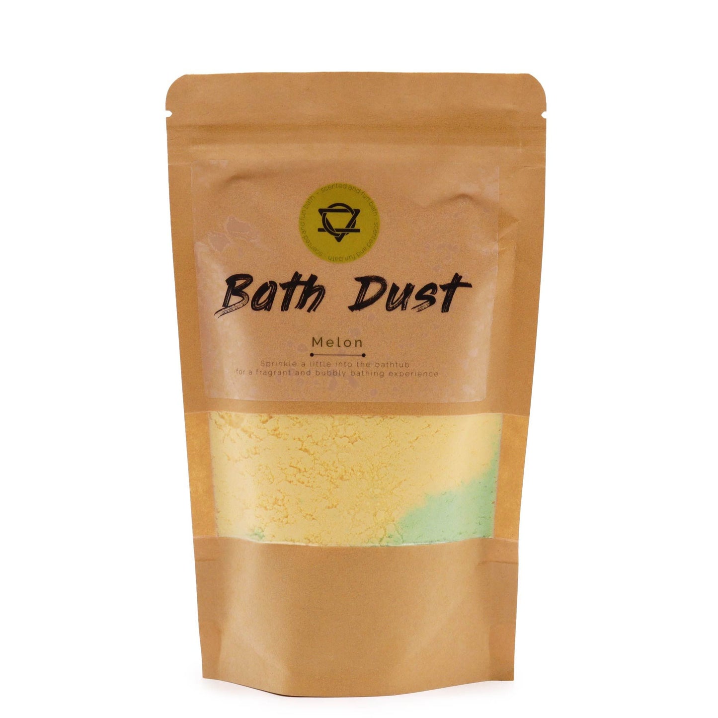A 190g eco-friendly paper pouch of light green and white fizzy bath dust with a sweet melon fragrance.