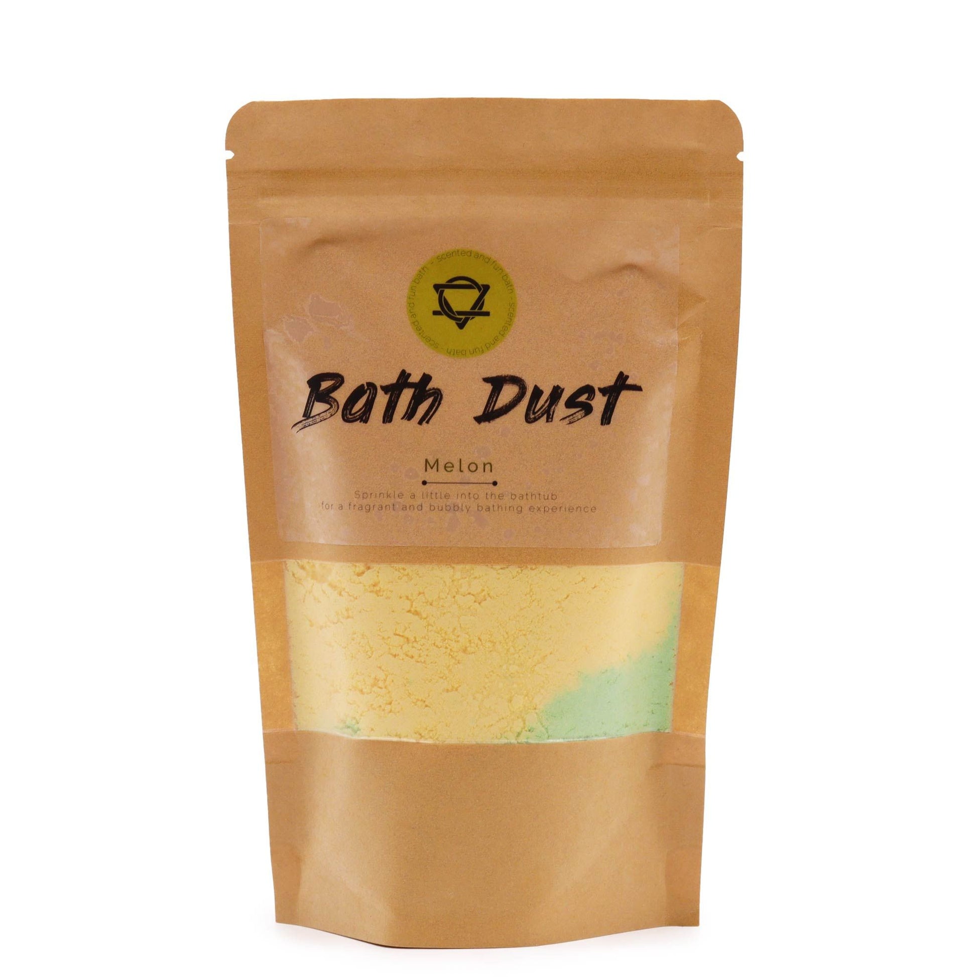 A 190g eco-friendly paper pouch of light green and white fizzy bath dust with a sweet melon fragrance.