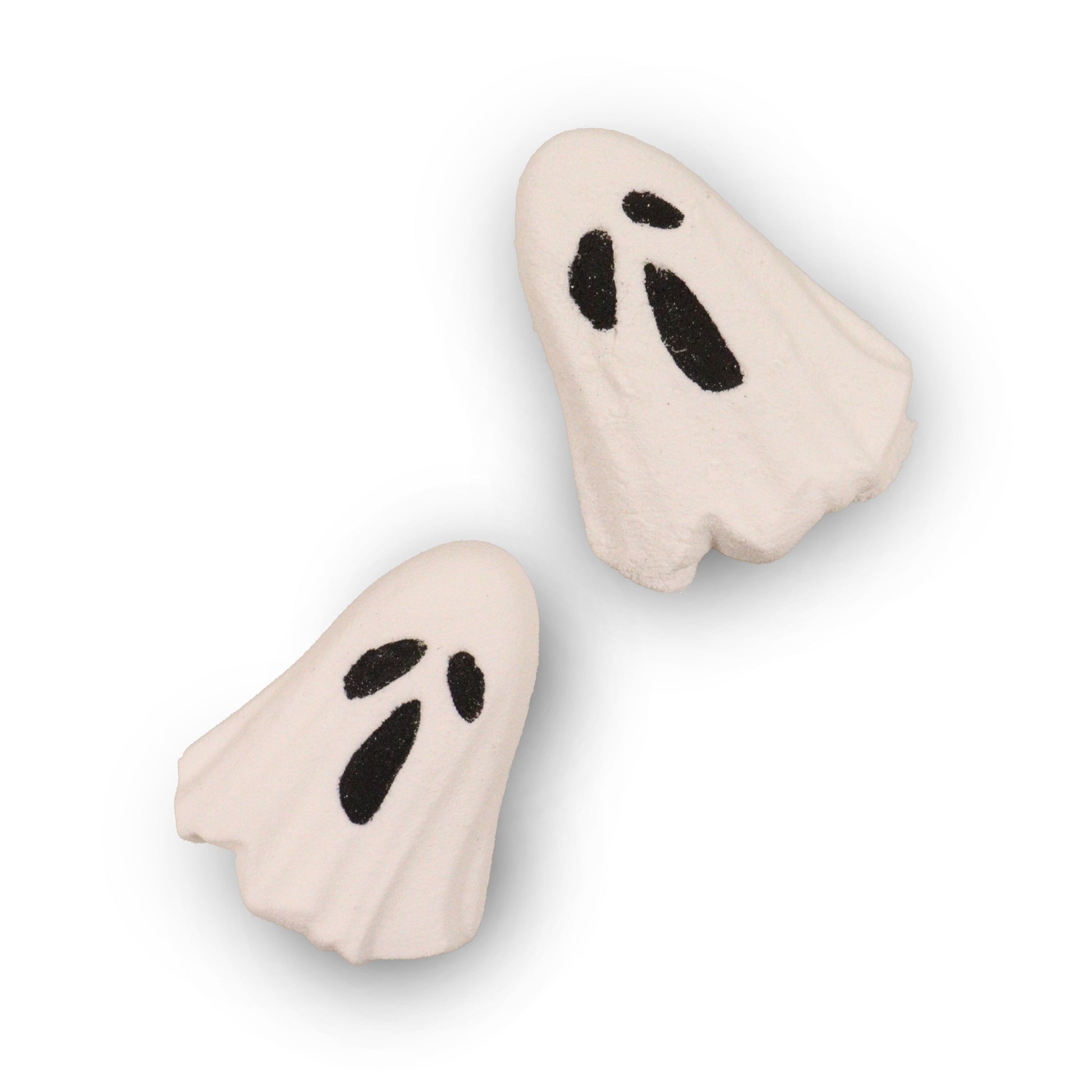 A white ghost-shaped bath bomb featuring a cute face and moisturizing ingredients.