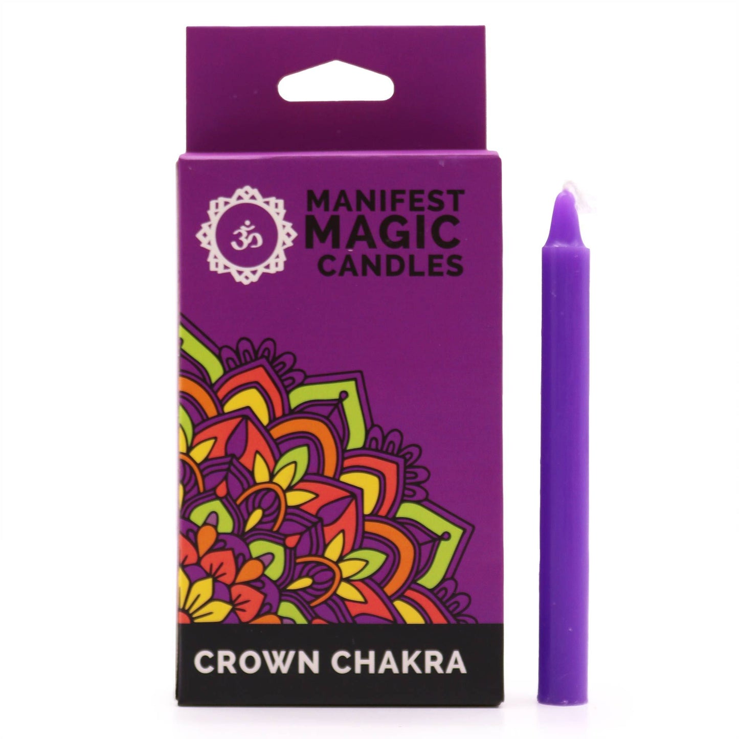 A purple and gold box containing twelve slim purple ritual candles designed for crown chakra manifestation work.