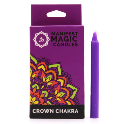 A purple and gold box containing twelve slim purple ritual candles designed for crown chakra manifestation work.