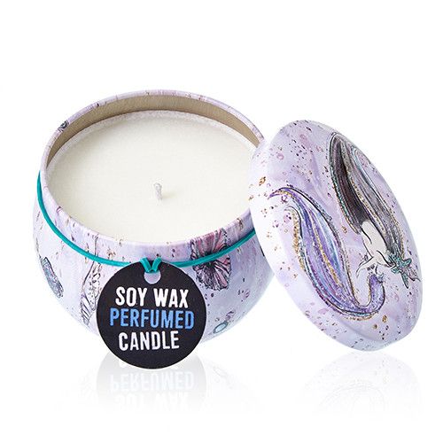 A round metal candle tin featuring an aquatic-themed lid with blue marine life illustrations.