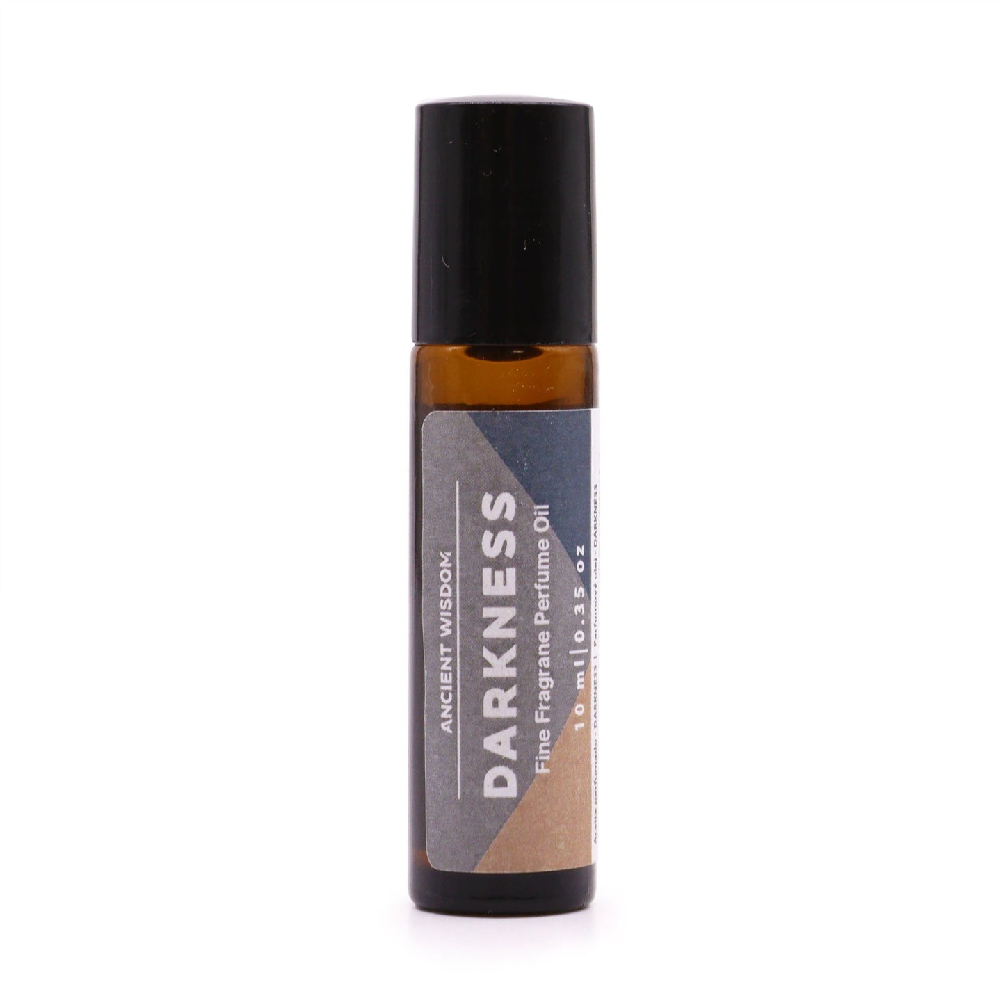 A sleek rollerball perfume oil bottle with a dark, sophisticated label featuring gold accents and a metallic cap.