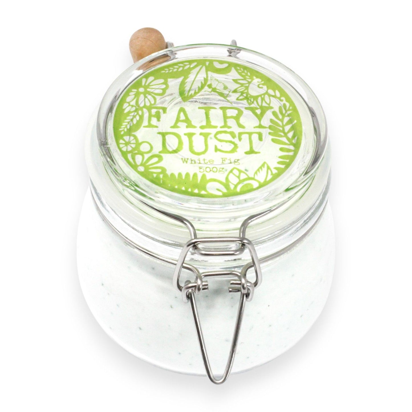 A large glass apothecary jar with a silver clip lid, filled with 500g of white bath fizzing powder and a small wooden scoop.