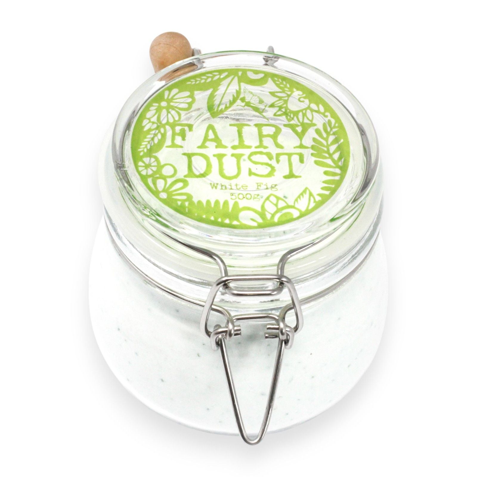 A large glass apothecary jar with a silver clip lid, filled with 500g of white bath fizzing powder and a small wooden scoop.
