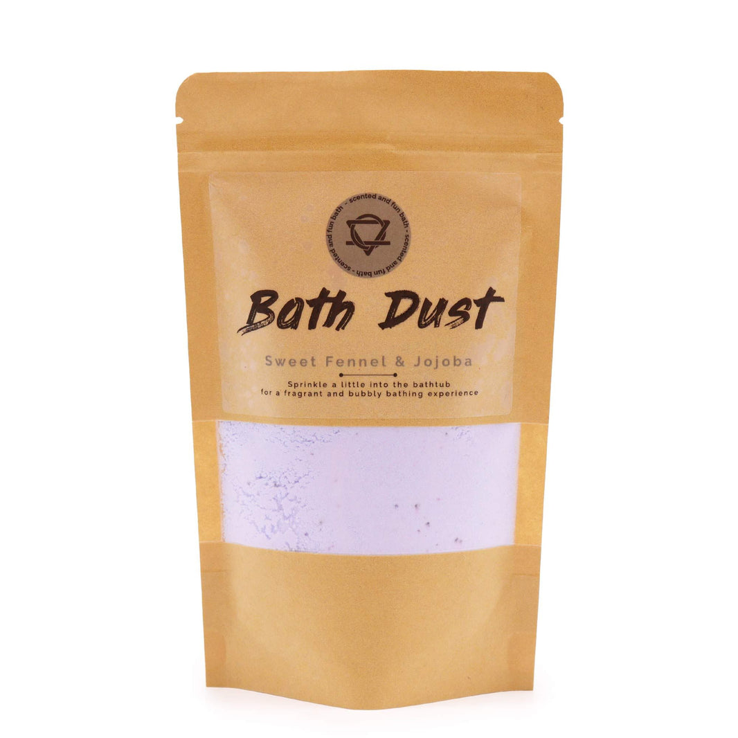 A 190g pouch of light purple fizzy bath dust scented with sweet fennel and moisturizing jojoba oil.
