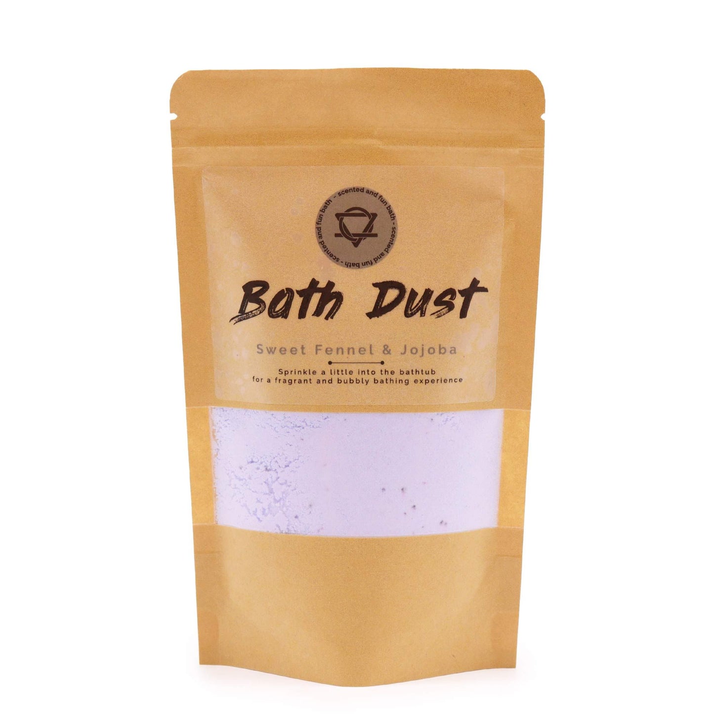A 190g pouch of light purple fizzy bath dust scented with sweet fennel and moisturizing jojoba oil.