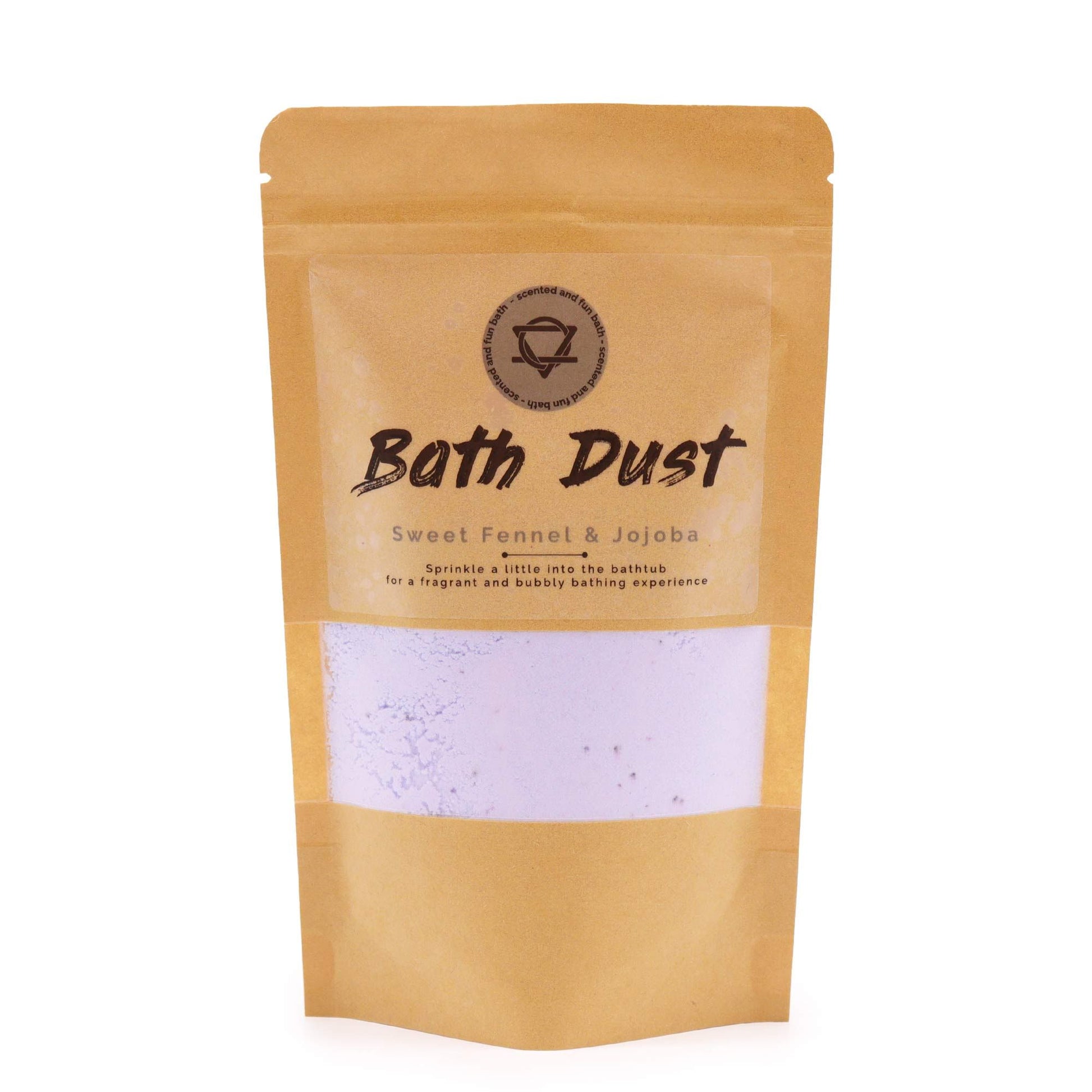 A 190g pouch of light purple fizzy bath dust scented with sweet fennel and moisturizing jojoba oil.