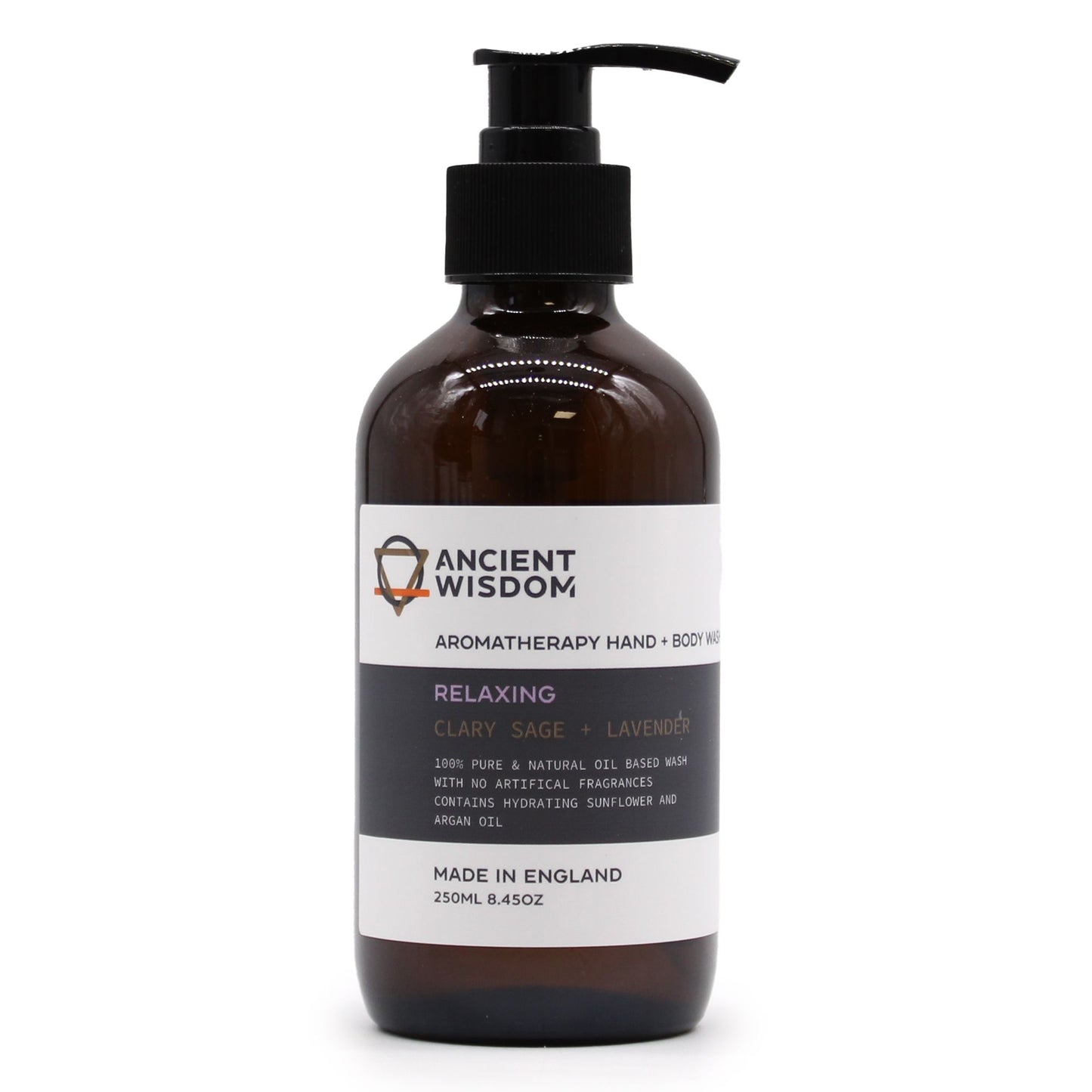 A professional 250ml amber glass pump bottle with a minimalist label for Clary Sage and Lavender essential oil body wash.