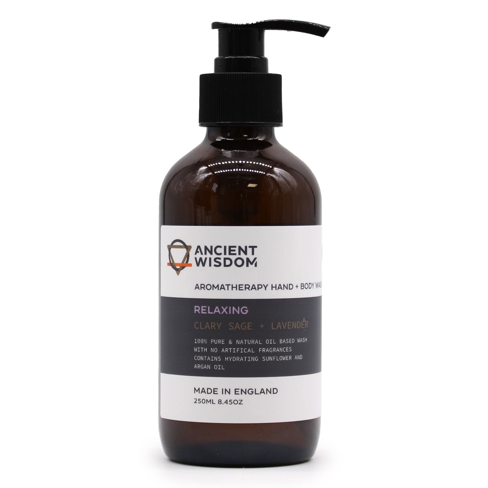 A professional 250ml amber glass pump bottle with a minimalist label for Clary Sage and Lavender essential oil body wash.