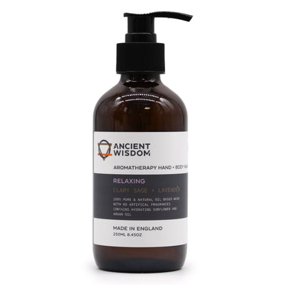 A professional 250ml amber glass pump bottle with a minimalist label for Clary Sage and Lavender essential oil body wash.