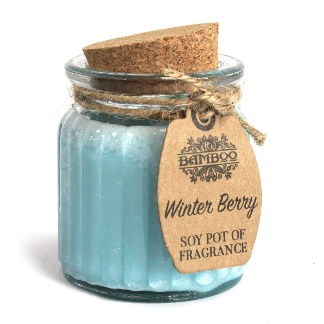 A small glass candle jar with teal-colored wax and a label featuring snowy berries and rustic twine.