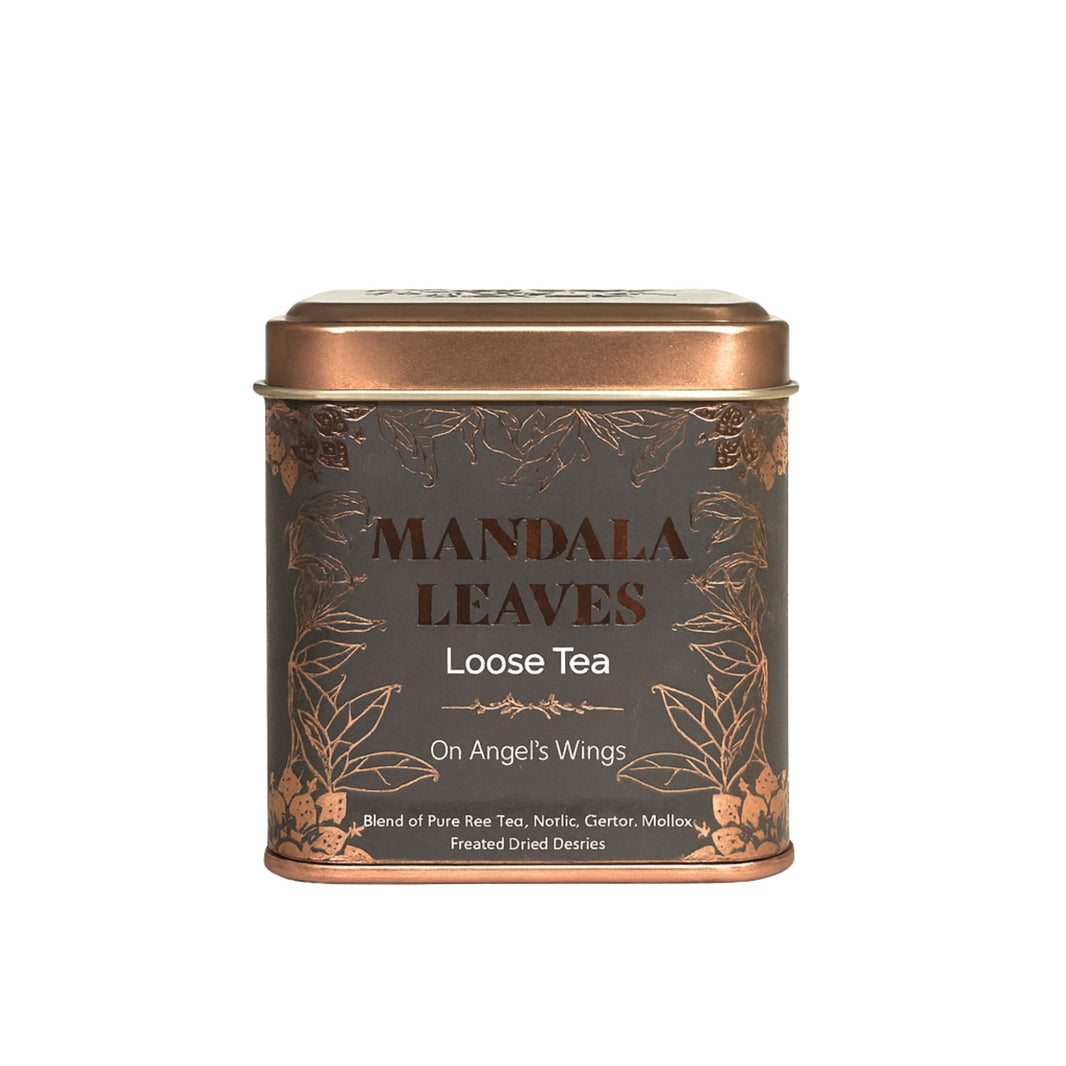 A small dark bronze tea tin with a professional label for the On Angels Wings premium herbal blend.