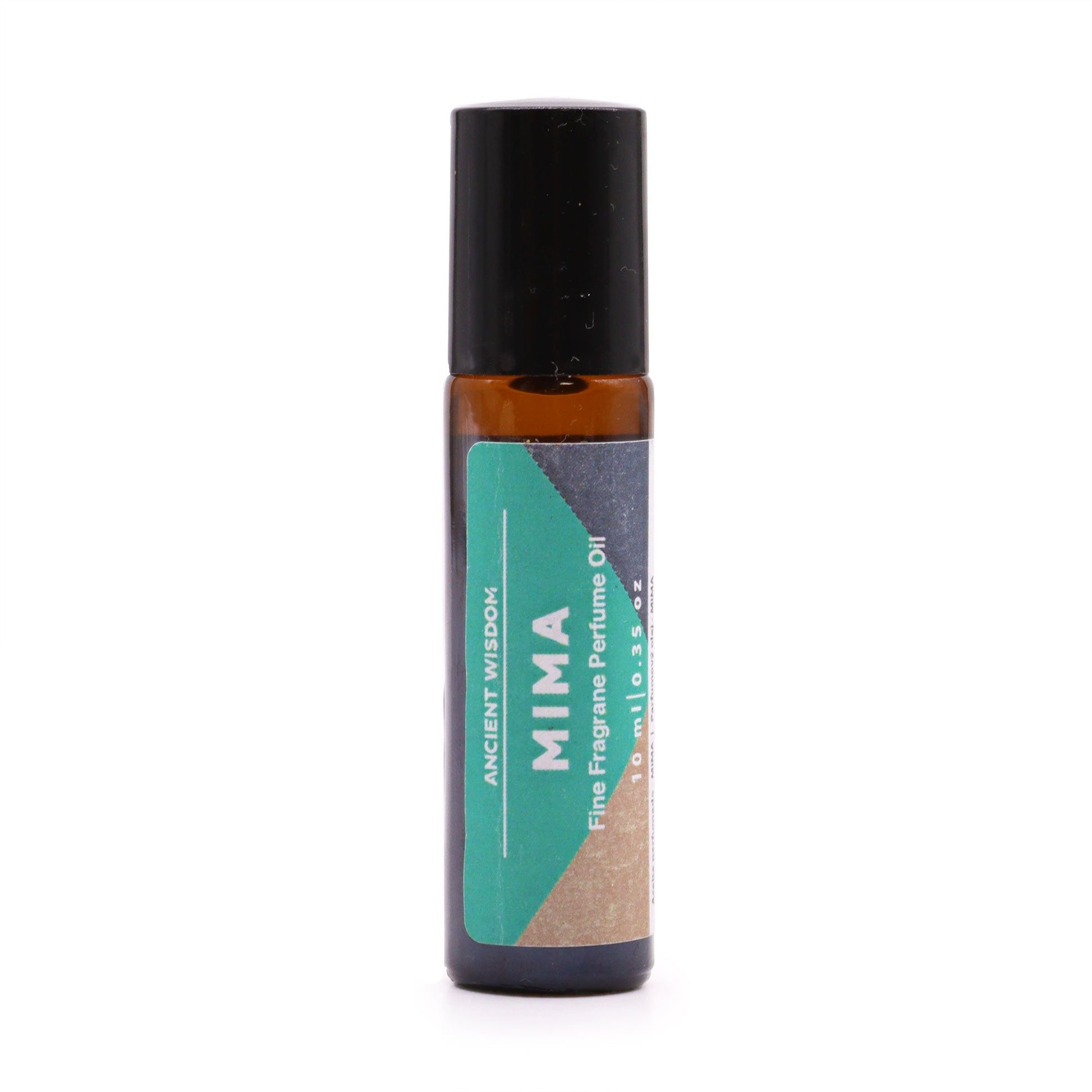 A 10ml glass rollerball bottle of Mima fine fragrance with a teal and gold professional label.