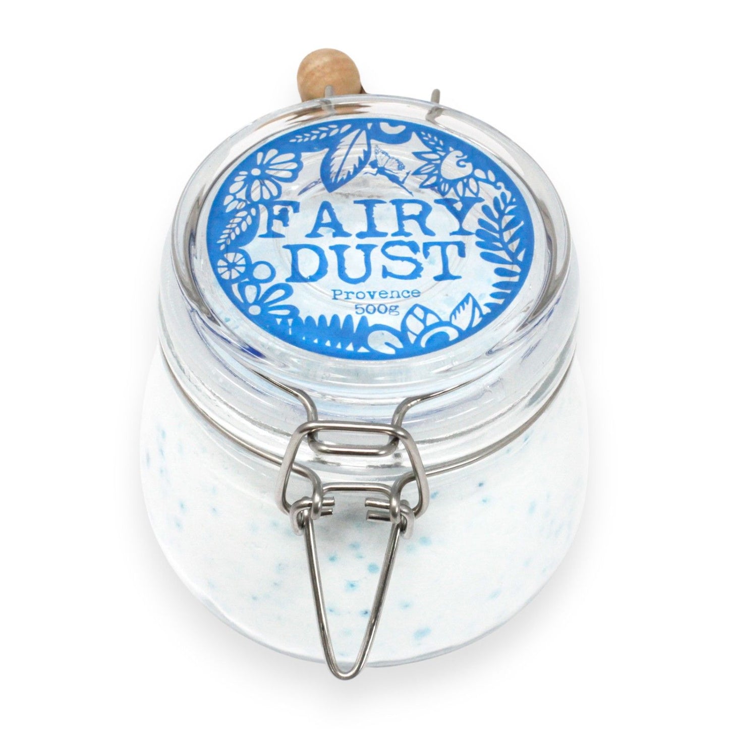 A classic glass jar with a wooden spoon containing 500g of light blue lavender-scented bath fizzing powder.