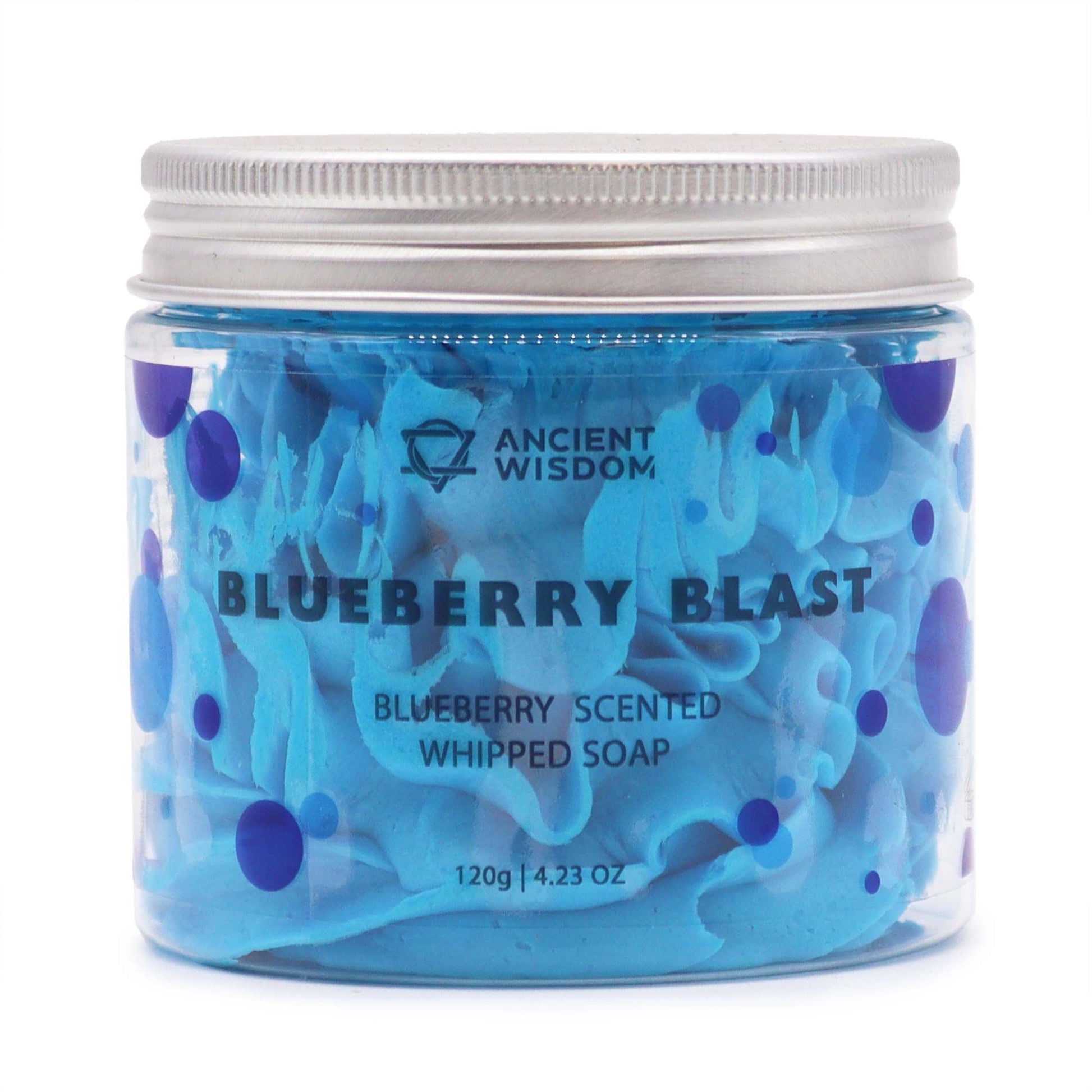 A clear jar filled with vibrant blue whipped cream soap featuring a decadent, pipeable texture and a silver lid.