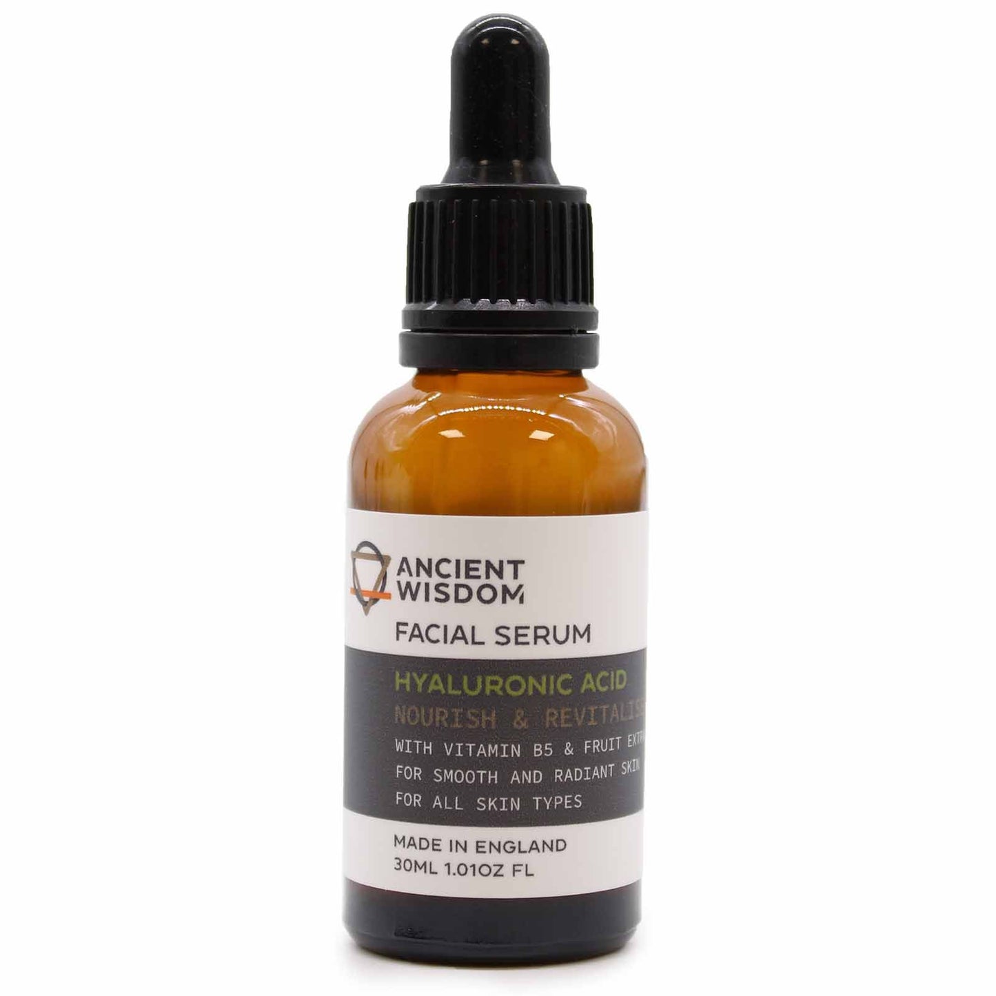 An amber glass dropper bottle of hyaluronic acid facial serum displayed with a modern, minimalist label.