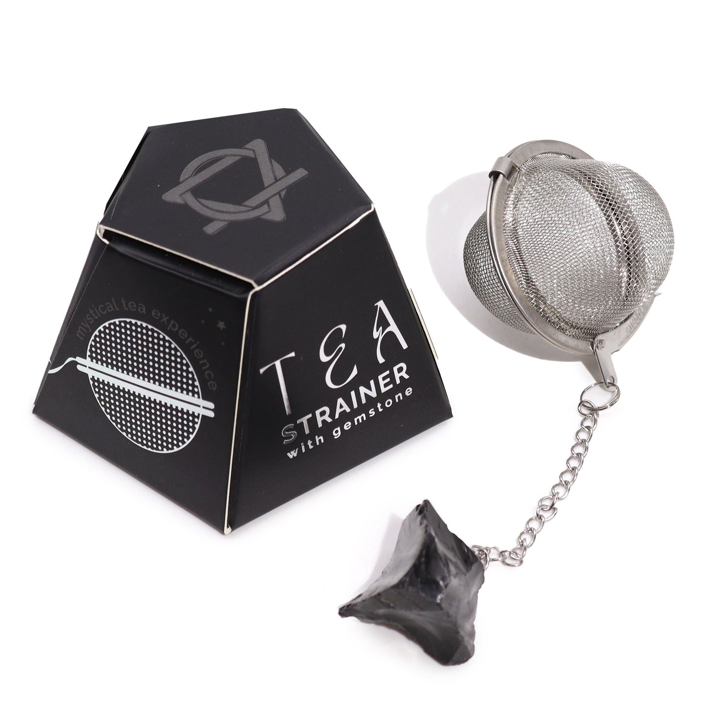 Tea infuser with a raw black obsidian gemstone charm, designed for protective and mindful tea ceremonies.