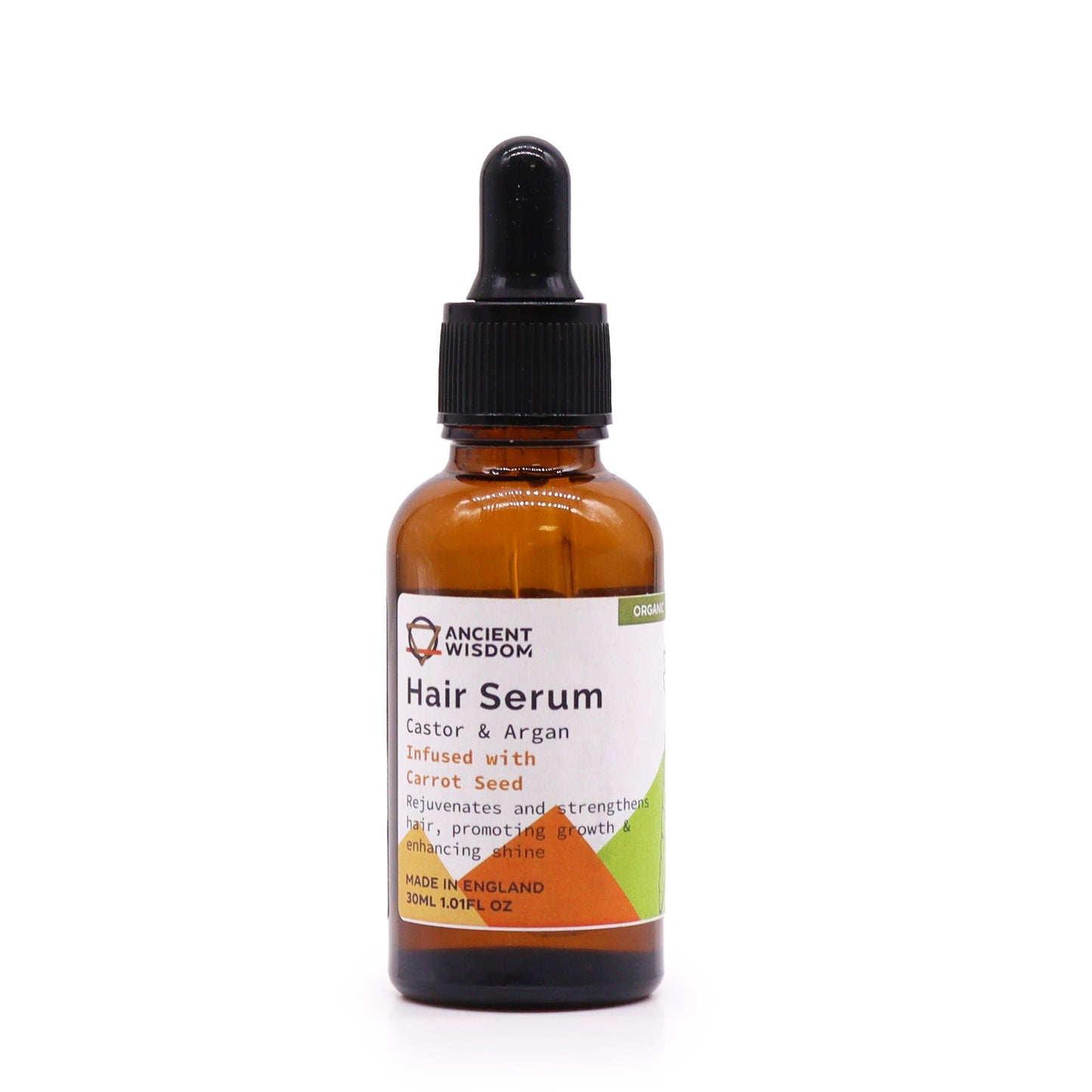 A 30ml organic hair serum bottle infused with carrot seed oil, featuring a black dropper cap.