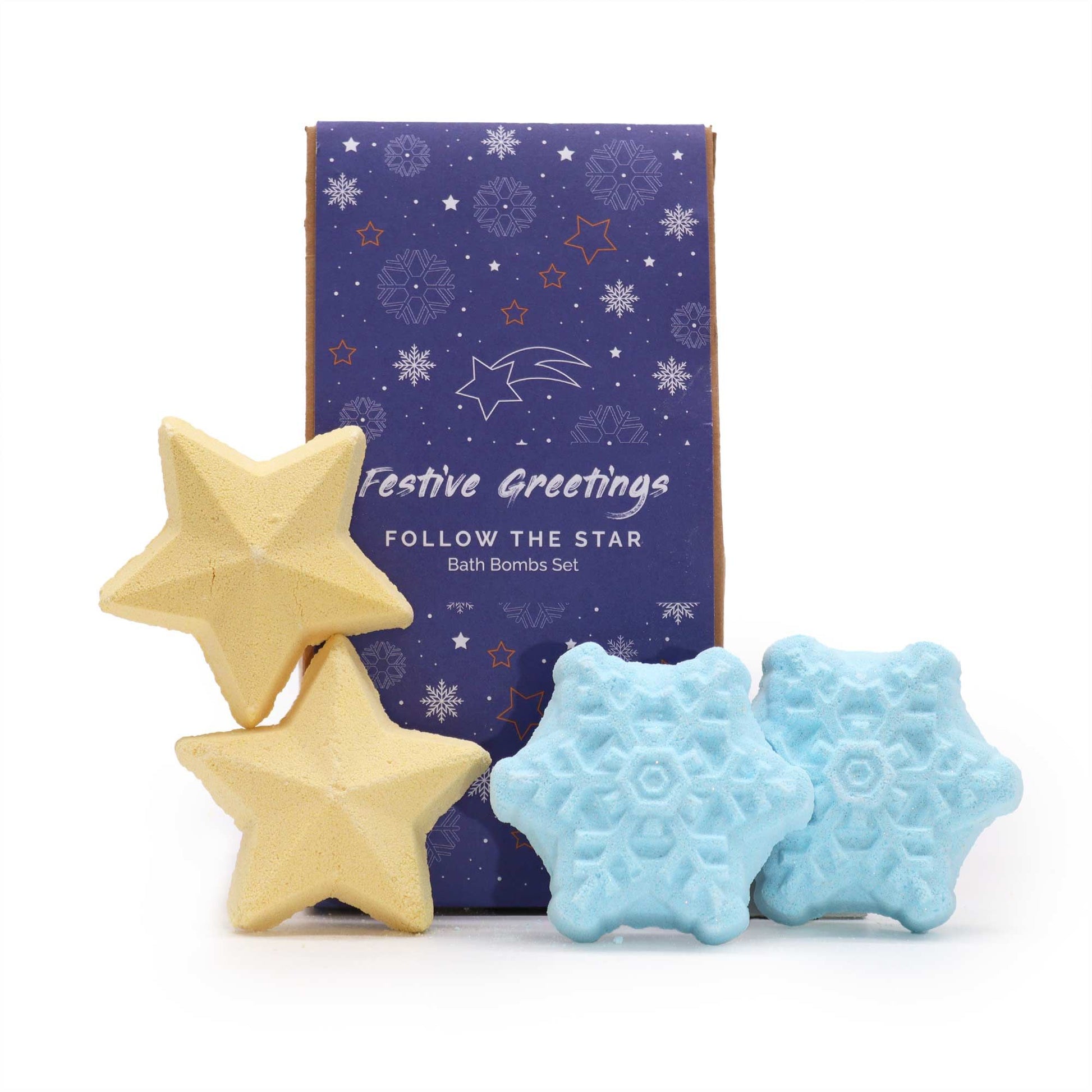 A celestial-themed blue gift box containing star-shaped and round festive bath bombs for holiday gifting.