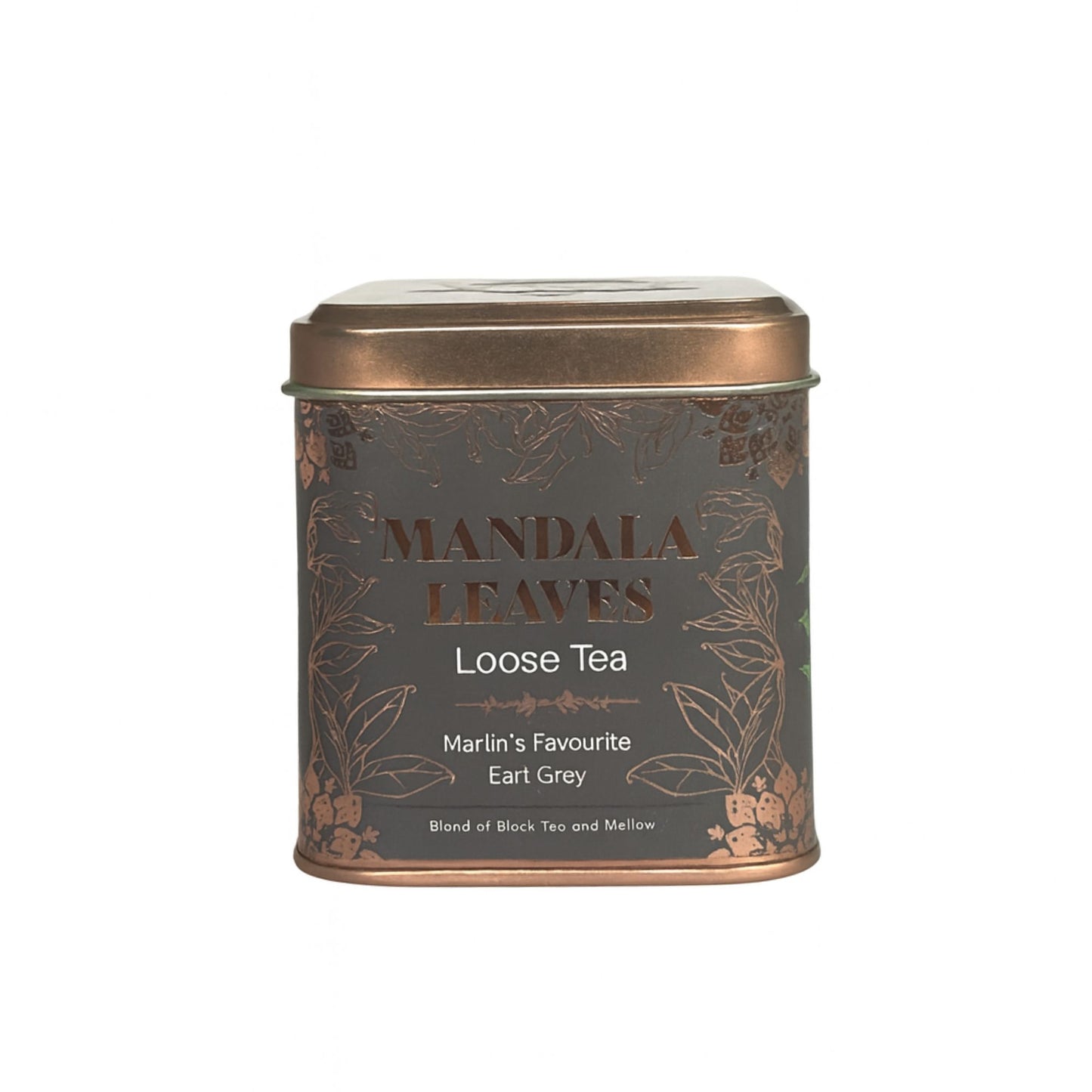 A small rectangular bronze tea tin labeled with Merlin's Favorite Earl Grey premium black tea blend.