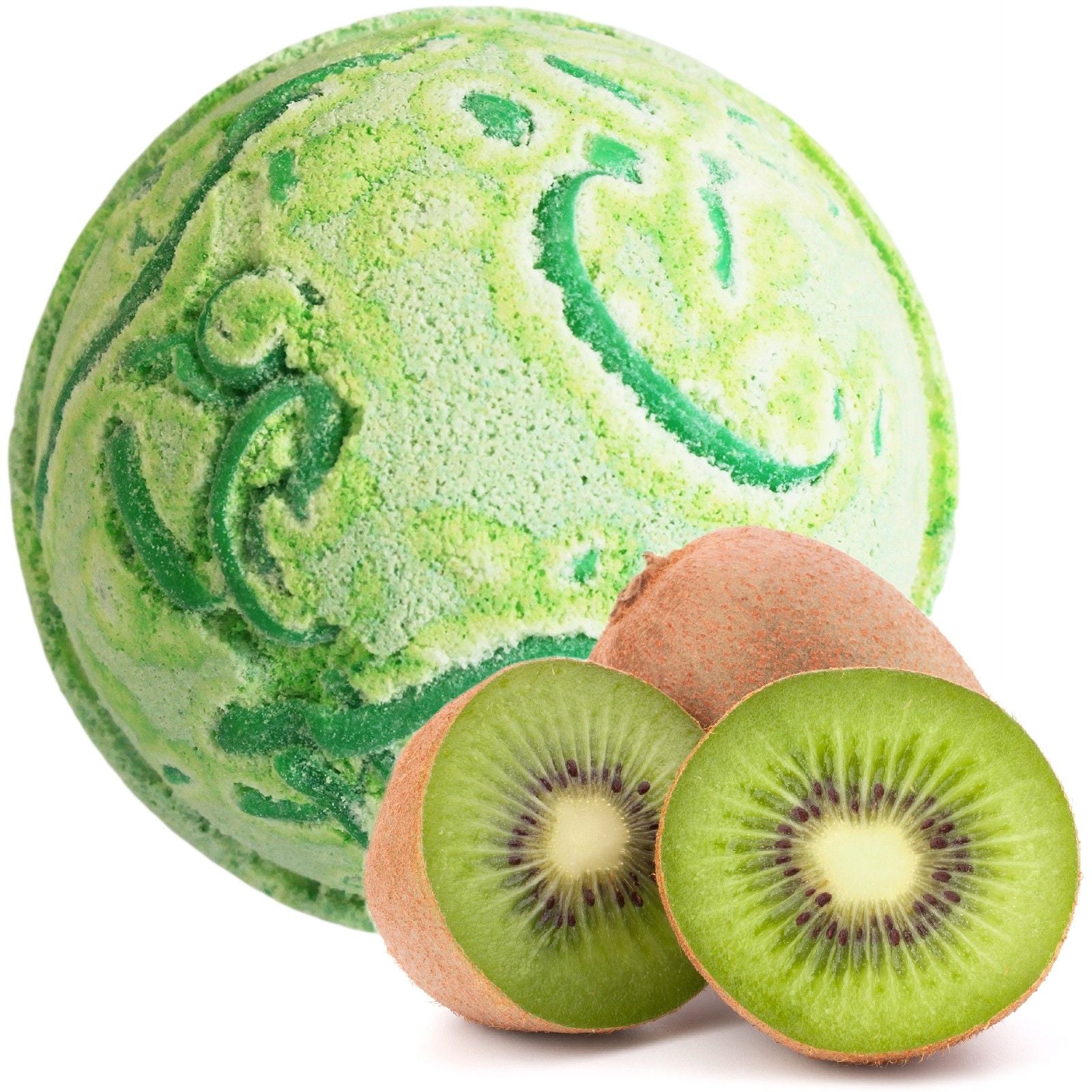Large 180g green and white marbled bath bomb with a tropical kiwi fruit fragrance and skin-softening coconut oil.