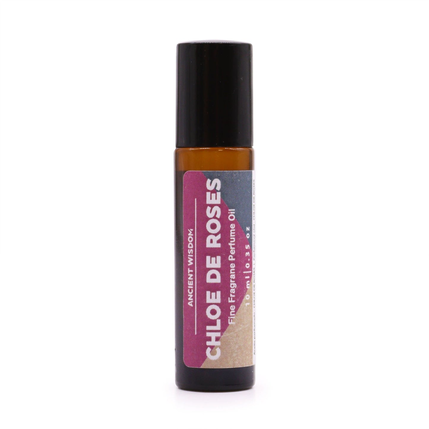 A slim 10ml rollerball bottle of perfume oil featuring a pink and white label with sophisticated rose-themed branding.