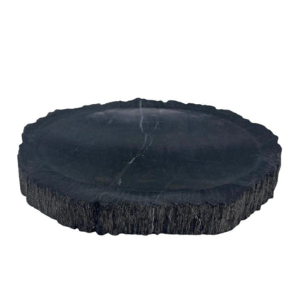 A heavy, polished black soap dish made from a solid piece of natural petrified wood, showing prehistoric stone textures.