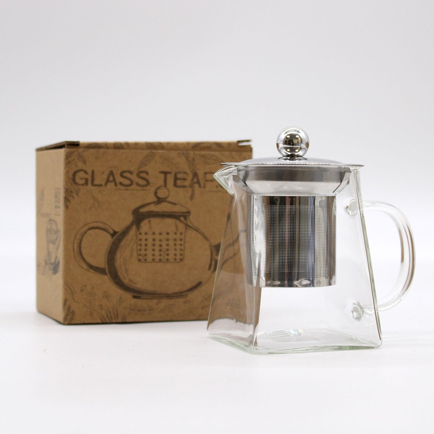 A tall, slender borosilicate glass teapot with a metal infuser and black lid, designed for one person.