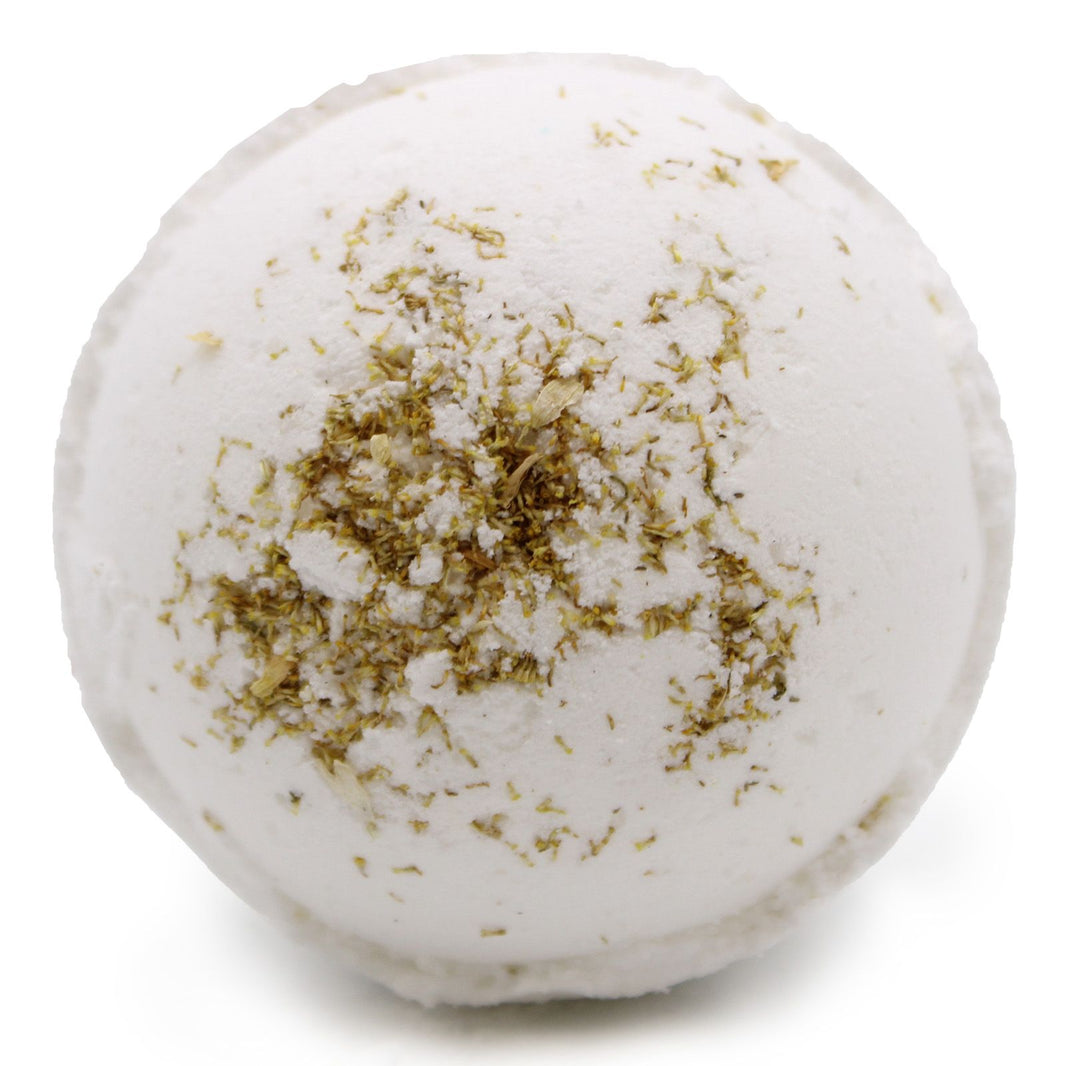 A 180g round bath bomb made with Himalayan salt and green botanical flecks, designed for skin nourishment and renewal.
