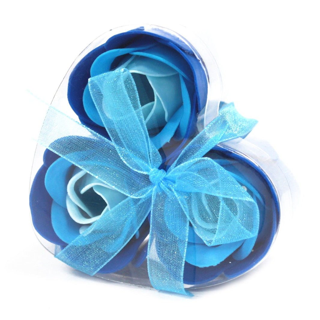 A small heart-shaped gift box with three realistic blue soap rose flowers, ideal for wedding themes.