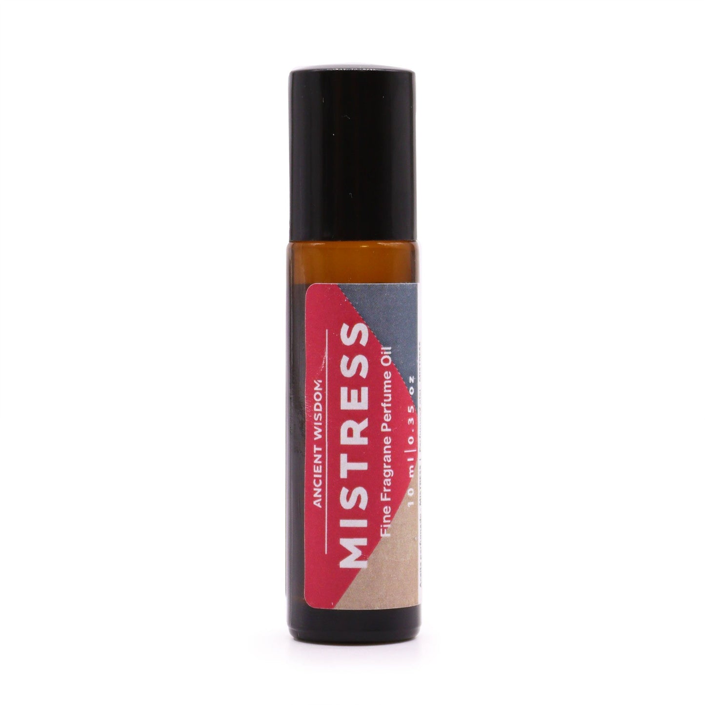 A 10ml glass rollerball bottle of Mistress fine fragrance with a pink and black luxury label.
