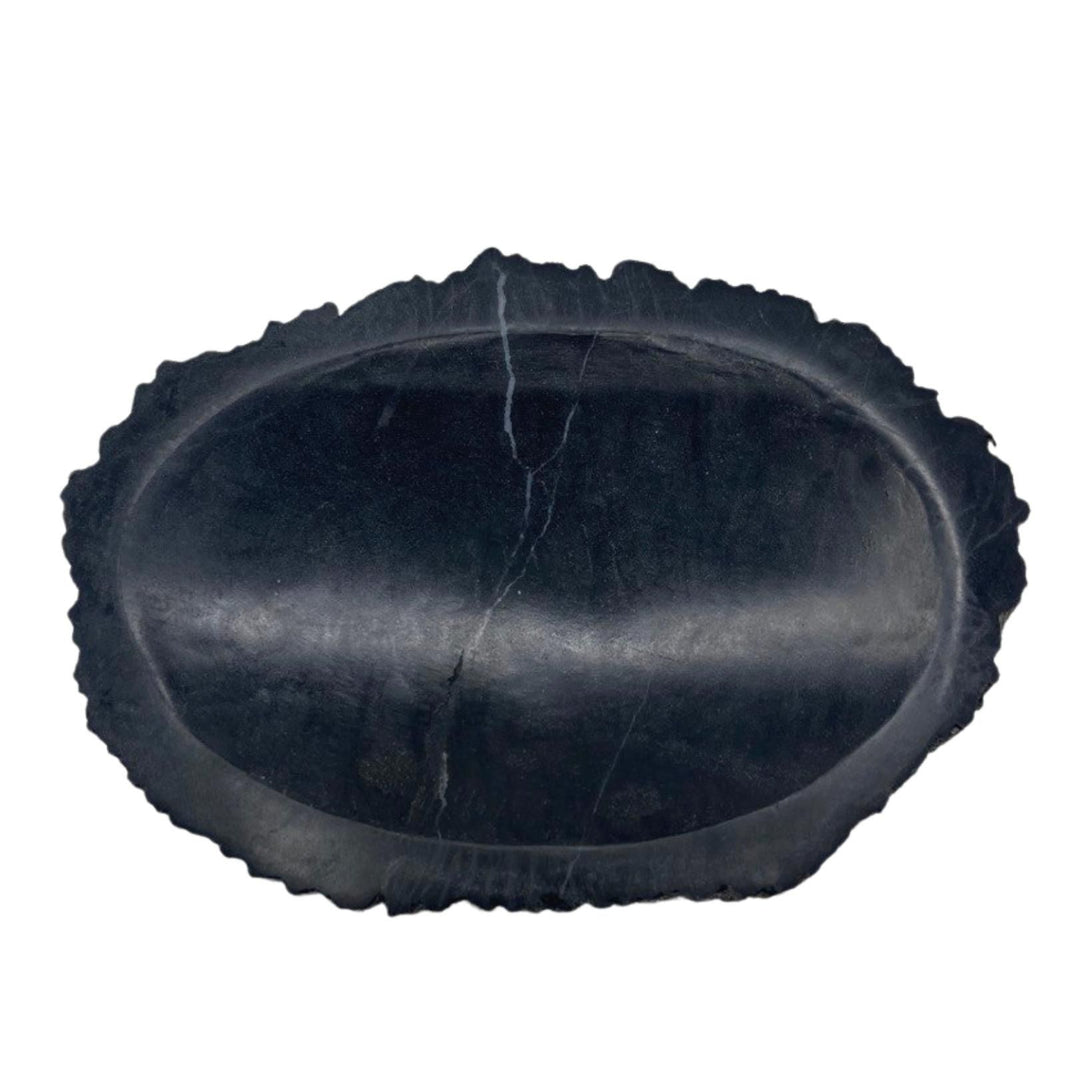A heavy, polished black soap dish made from a solid piece of natural petrified wood, showing prehistoric stone textures.
