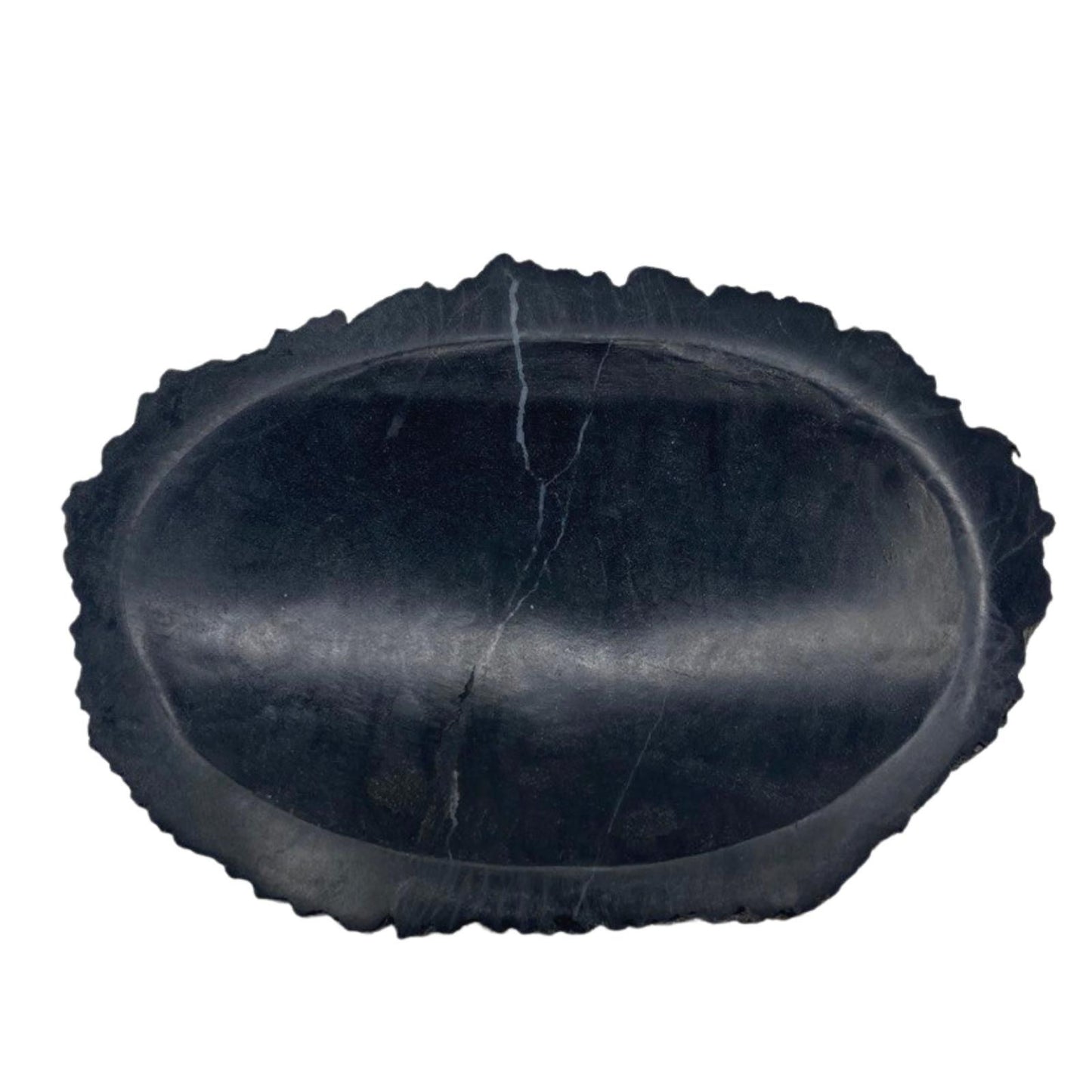 A heavy, polished black soap dish made from a solid piece of natural petrified wood, showing prehistoric stone textures.