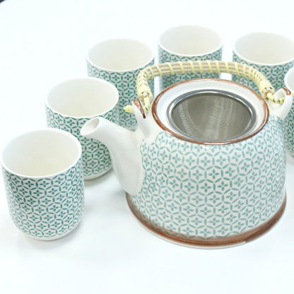 A light green ceramic teapot set with a matching warmer and cups, featuring a detailed, textured mosaic pattern.