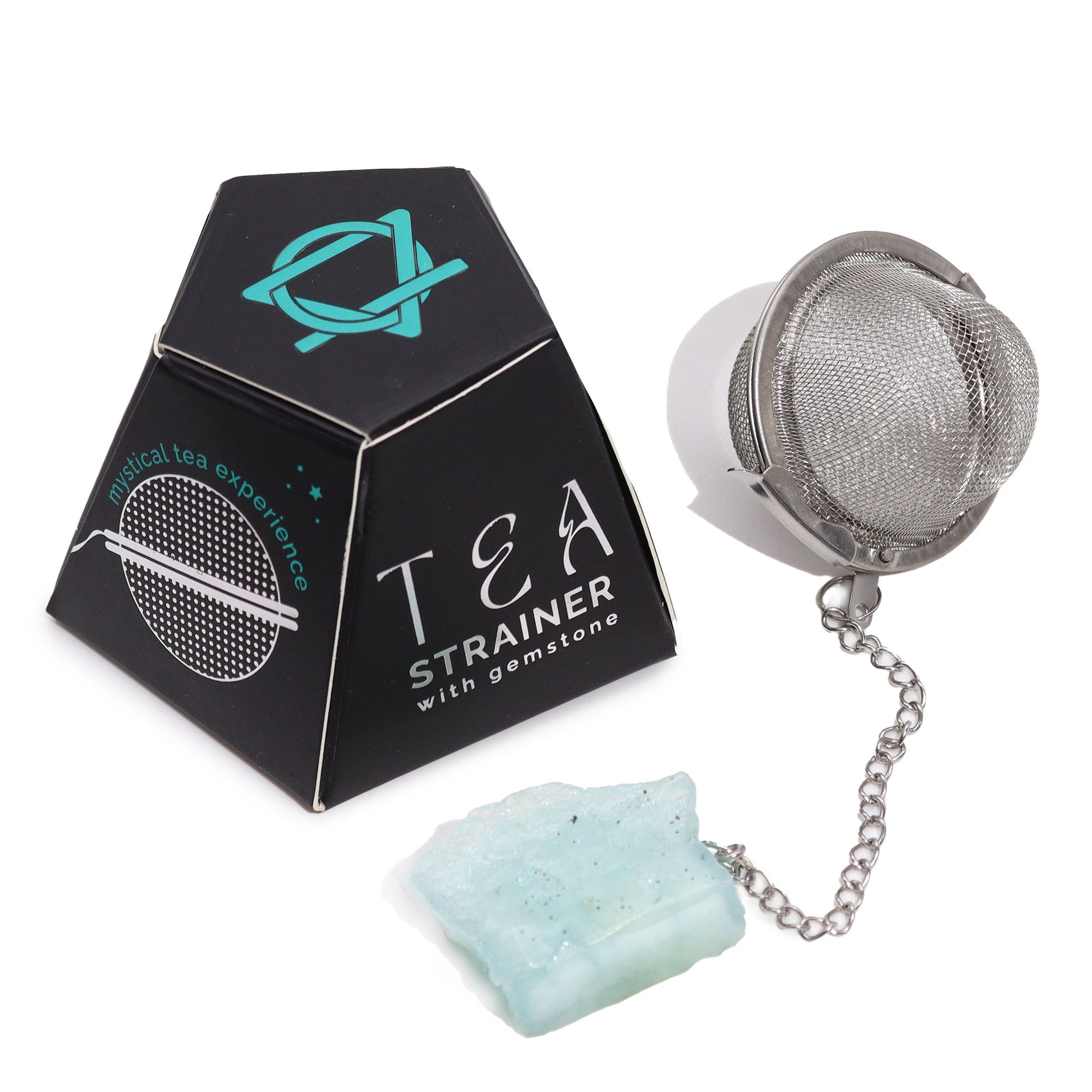 Silver tea infuser ball on a chain with a raw light blue aquamarine crystal charm for calming and peaceful tea rituals.